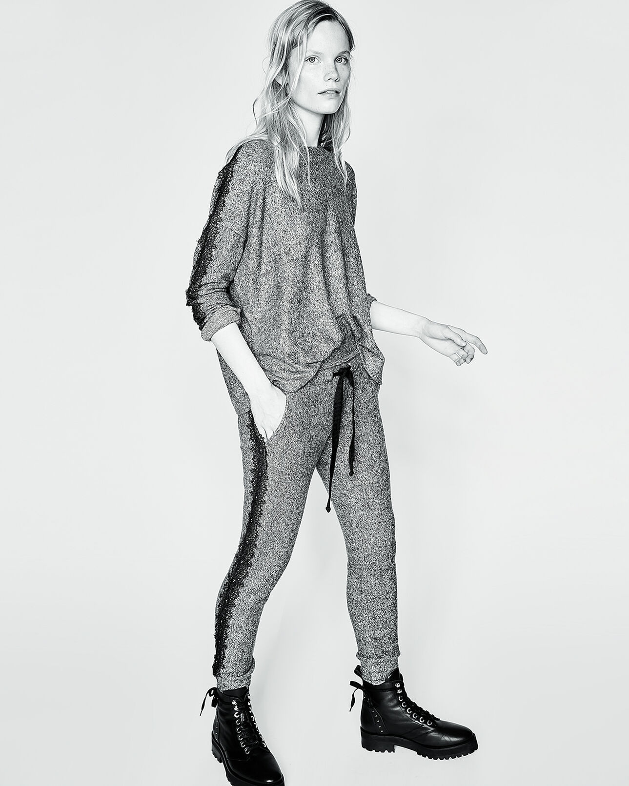 The Kooples FEMME GREY MELANGE jogging sweet fleece gris dentelle