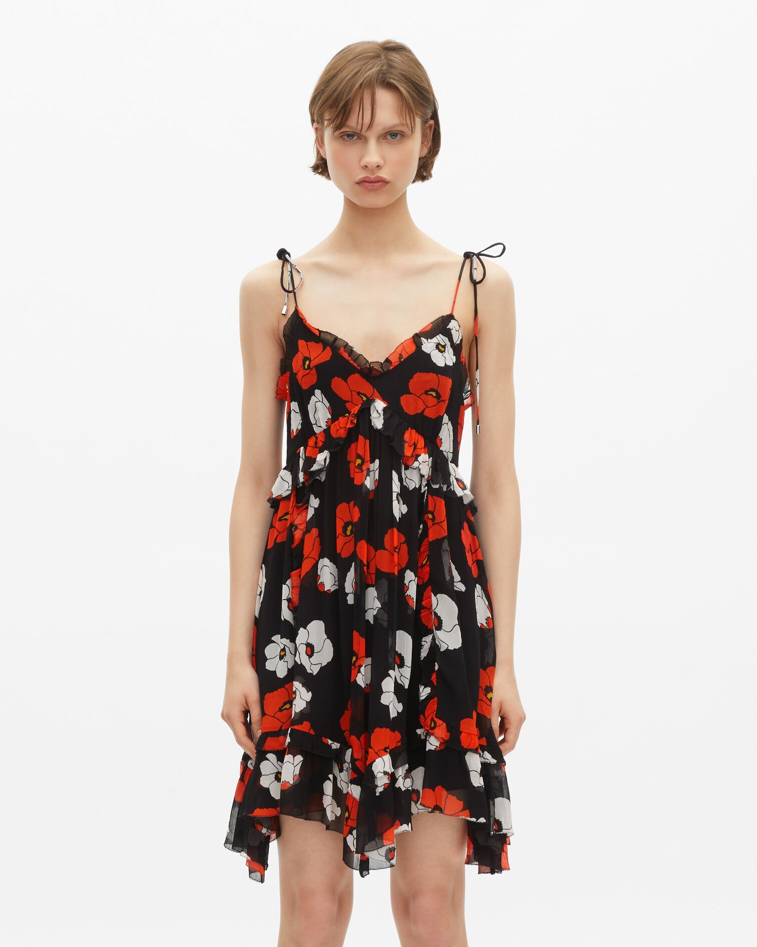 Kurzes Kleid mit Blumendruck schwarz, BLACK RED OFF WHITE, hi-res image number null