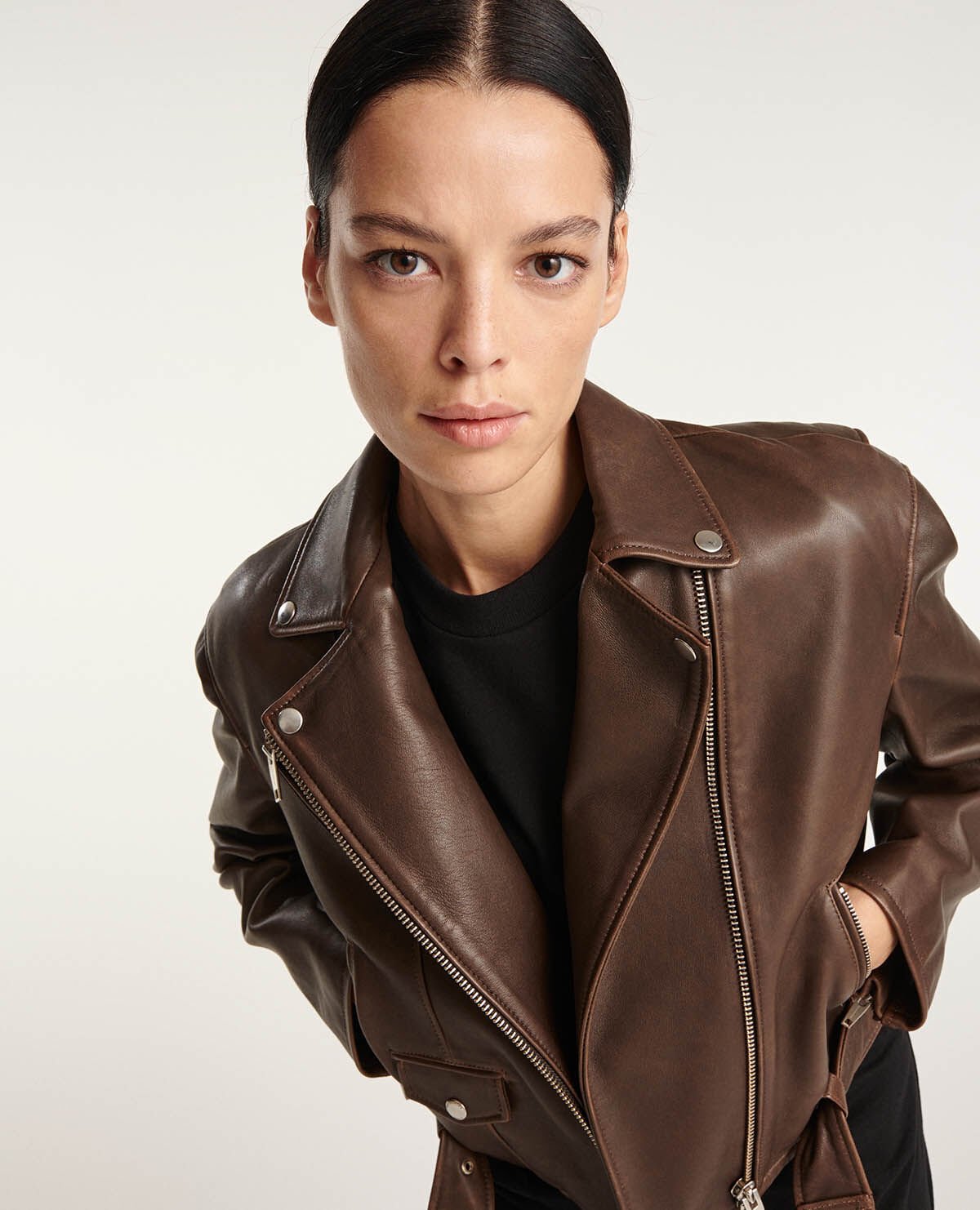 Blouson cuir marron effet vieilli zipp The Kooples