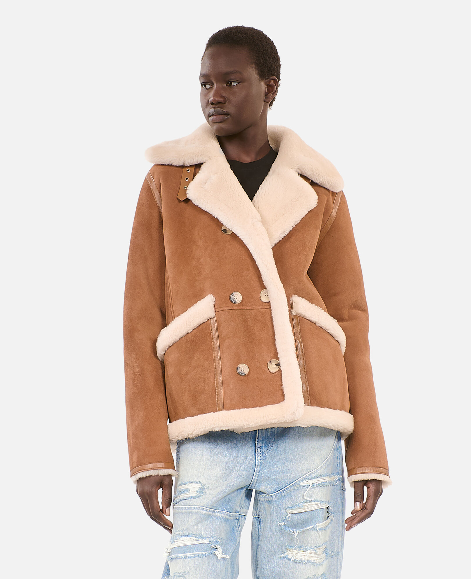 The Kooples WOMEN BROWN-BEIGE short brown shearling coat