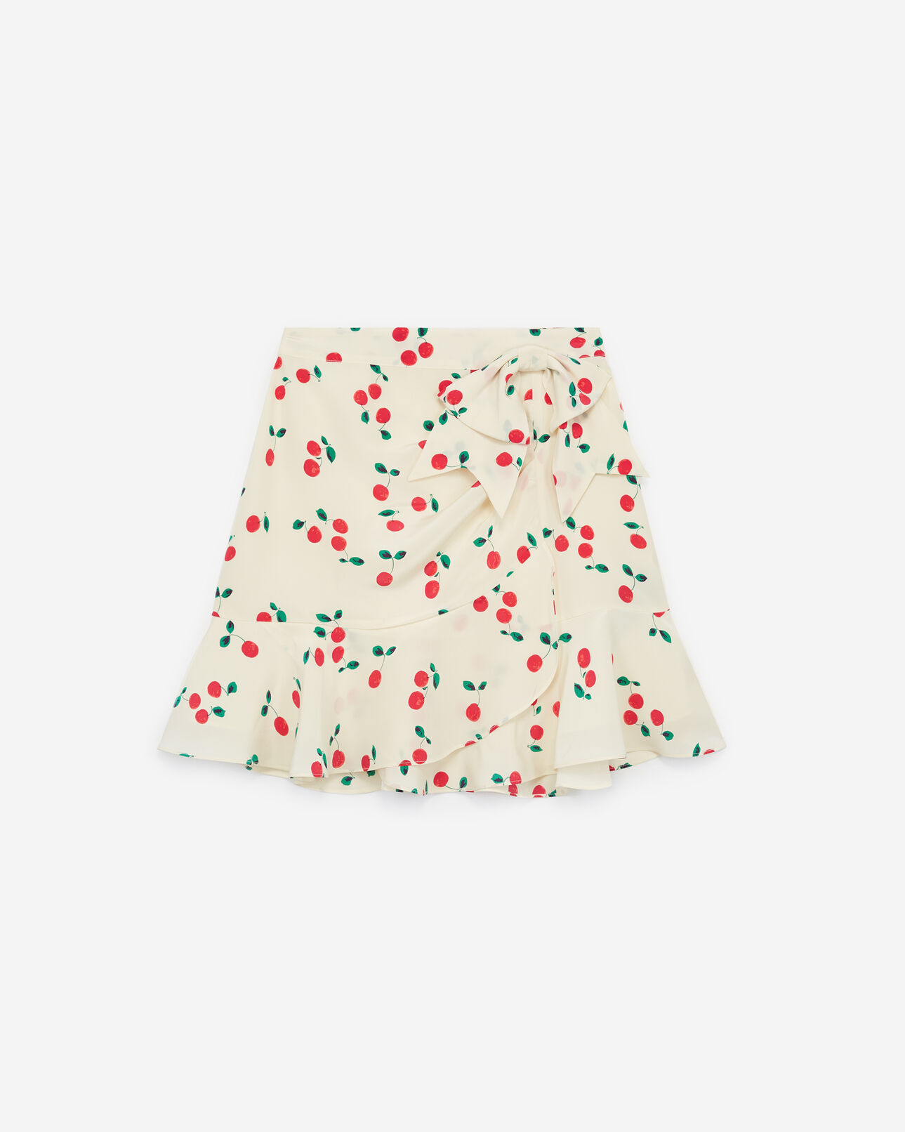 The Kooples FEMME ECRU RED jupe courte soie écrue volants imprimé cerise