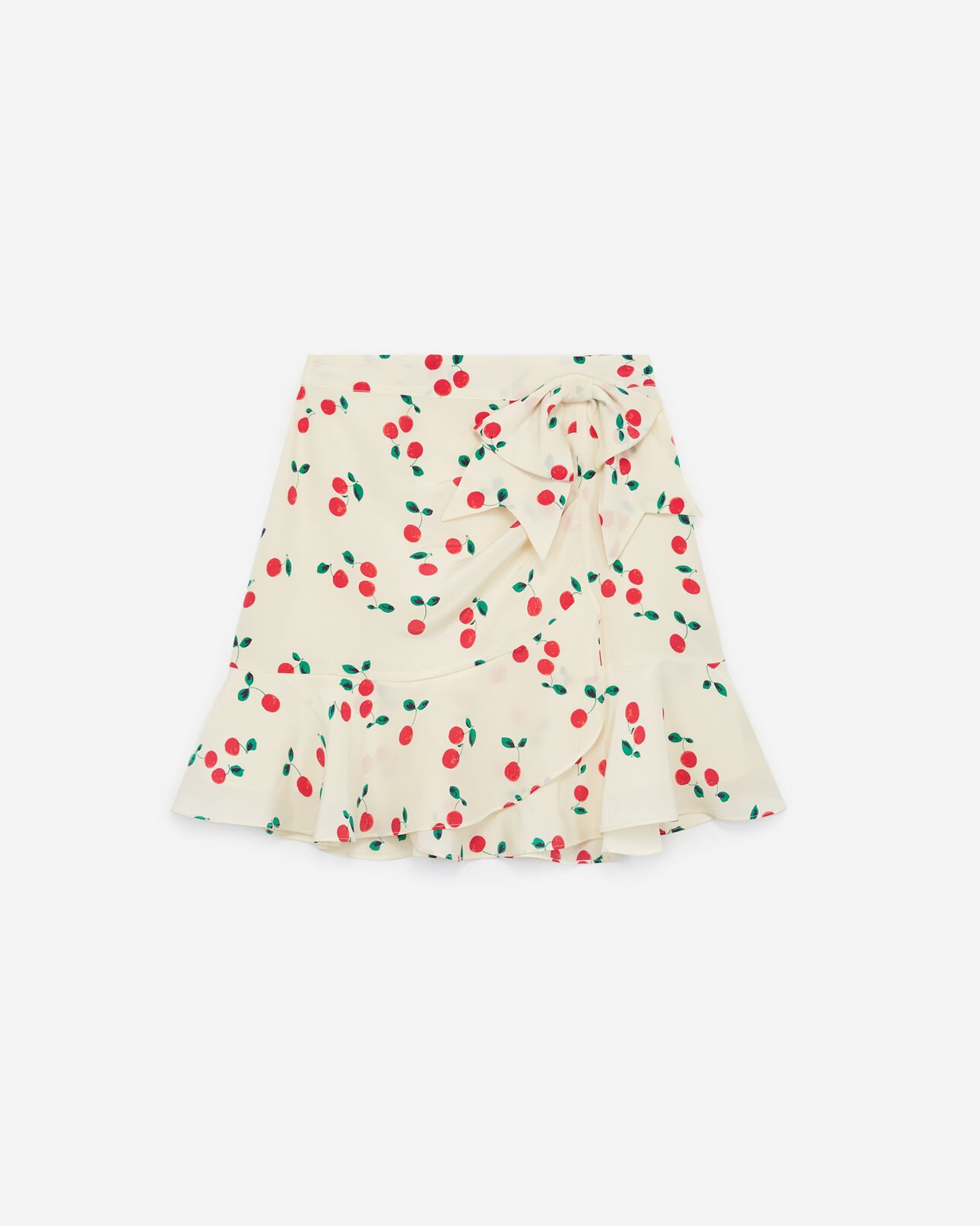 The Kooples FEMME ECRU RED jupe courte soie écrue volants imprimé cerise