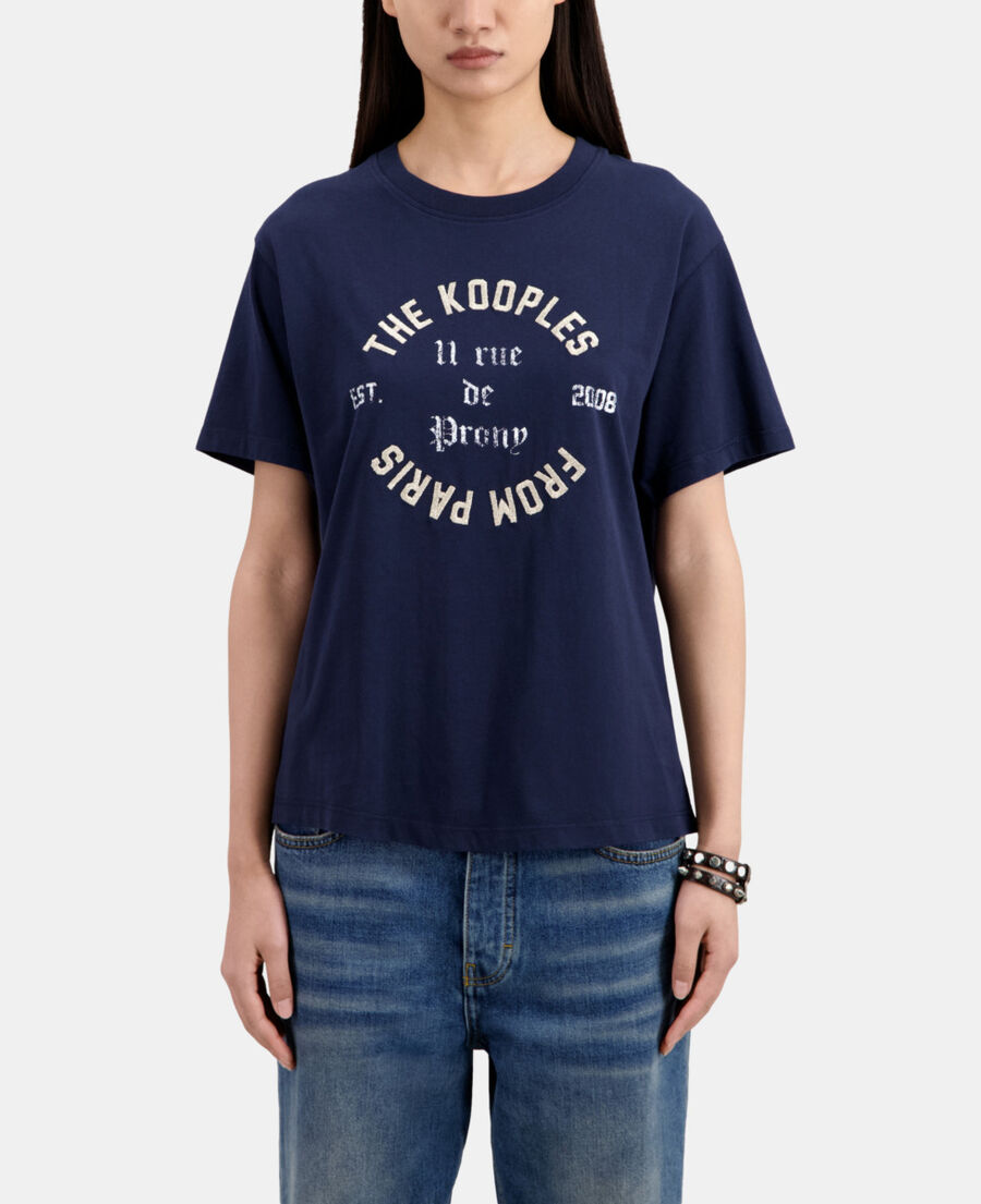 camiseta azul marino serigrafía 11 rue de prony para mujer