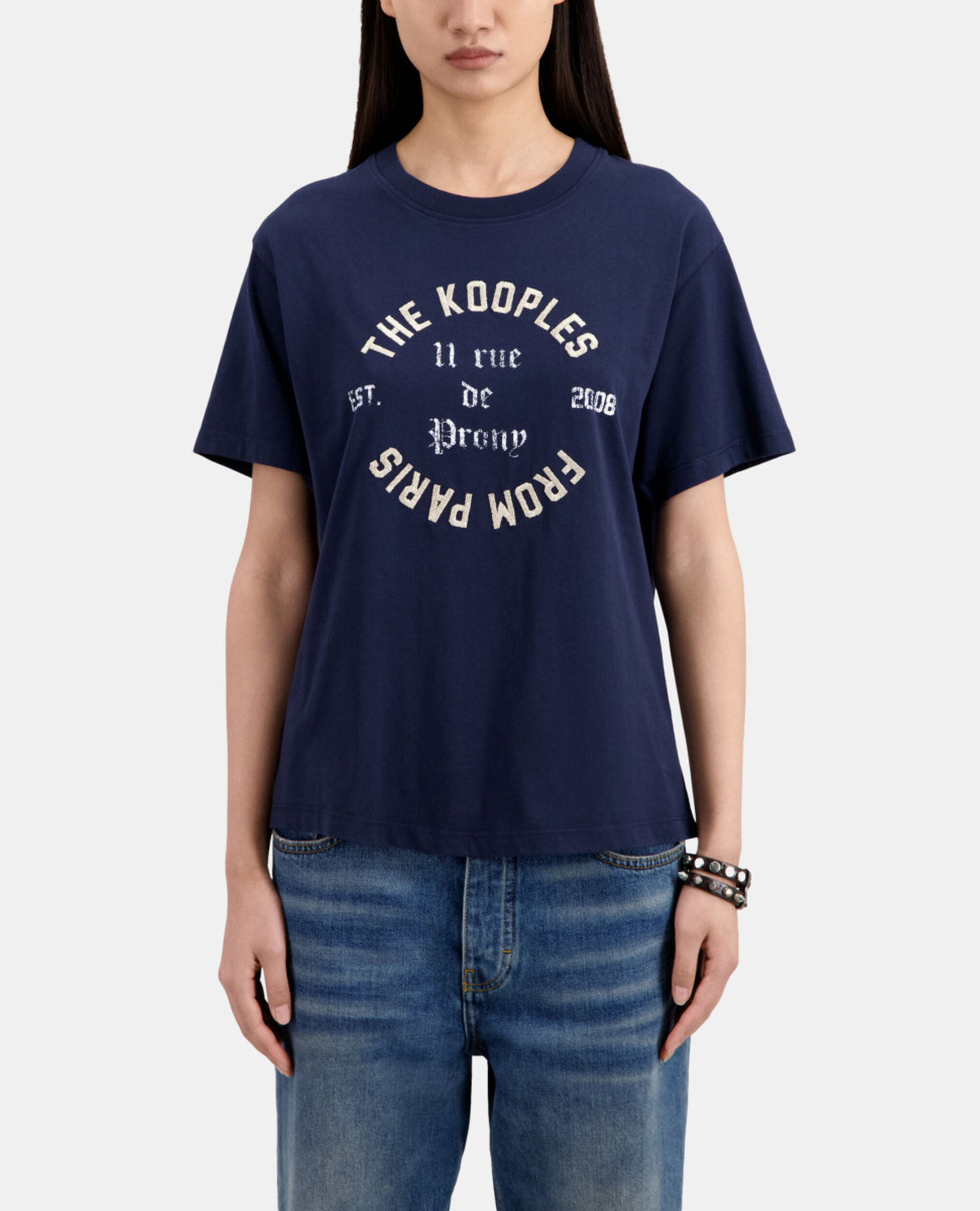 Women's navy blue t-shirt with 11 rue de prony serigraphy, NAVY, hi-res image number null