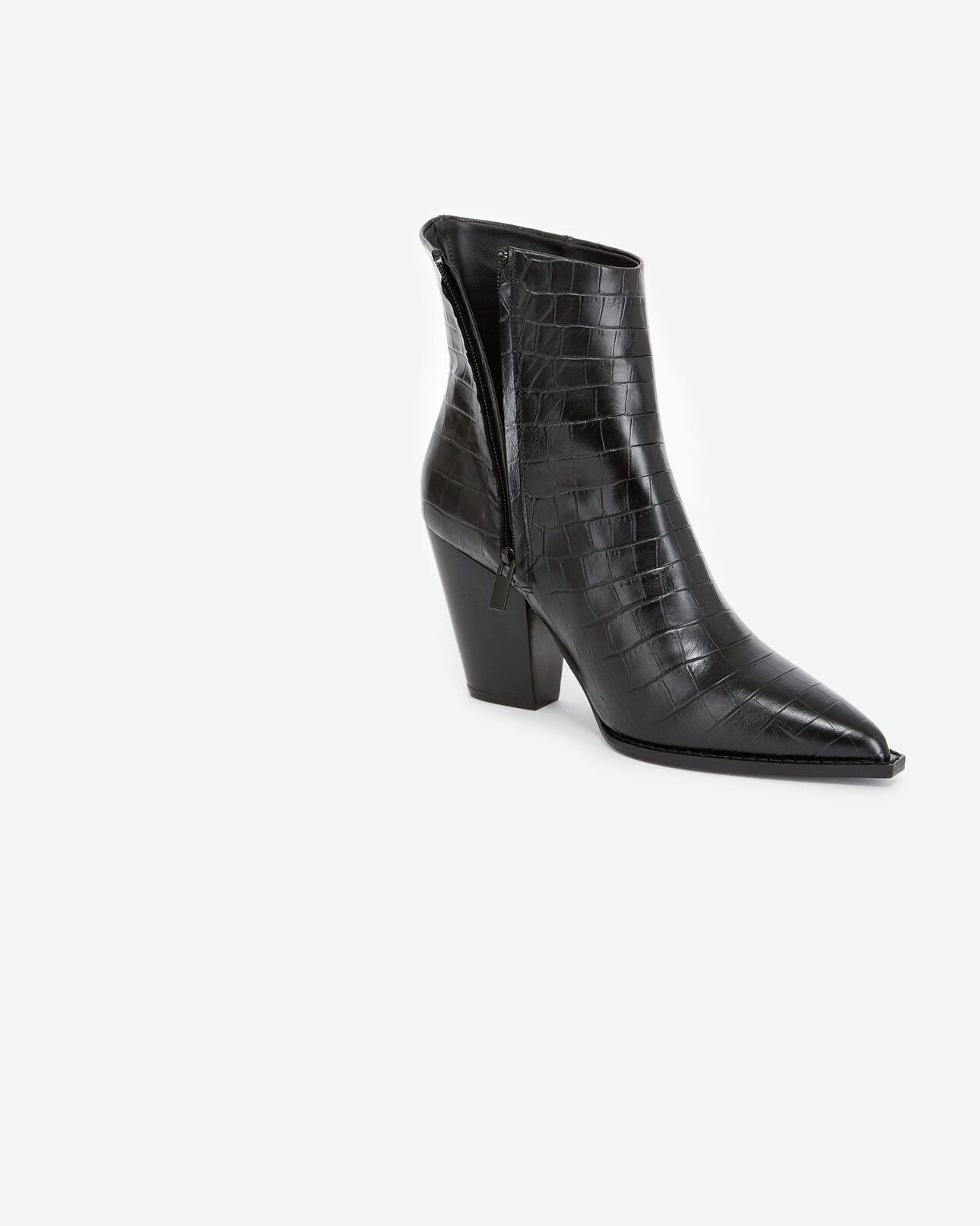 The Kooples FEMME BLACK bottines noires à talon cuir façon croco