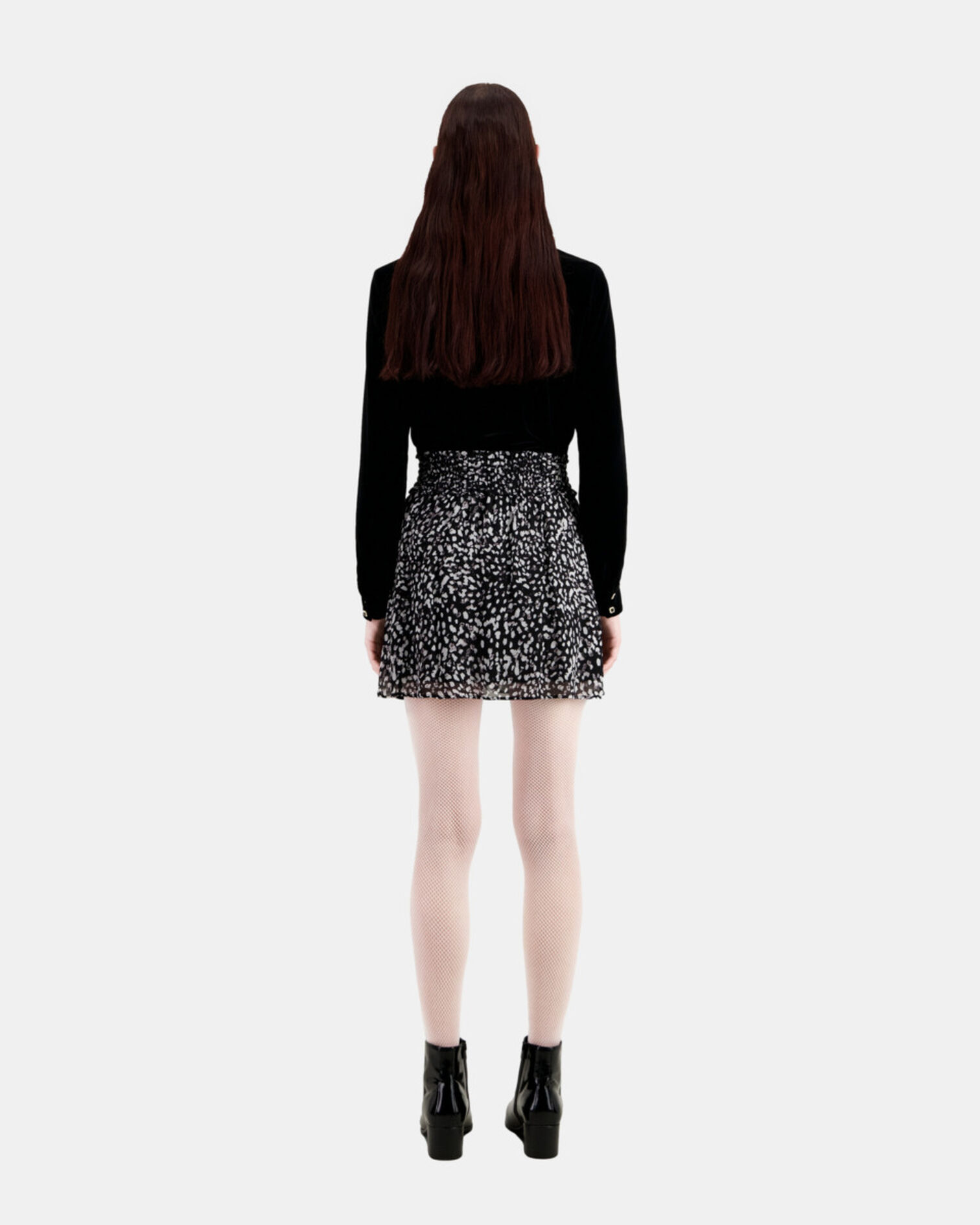 Short printed skirt with smocking, BLACK WHITE, hi-res image number null