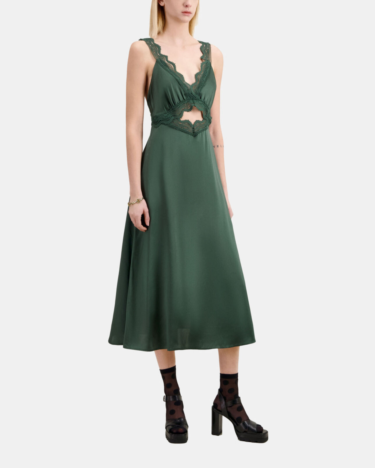 The Kooples WOMEN WOOD KAKI long green slip dress with guipure
