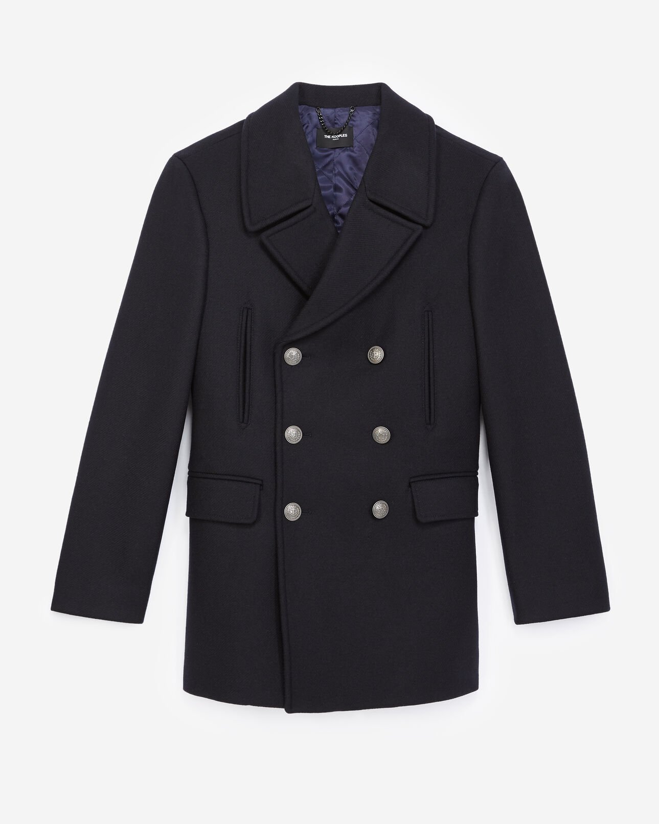 The Kooples MEN NAVY navy blue wool pea coat with black buttons