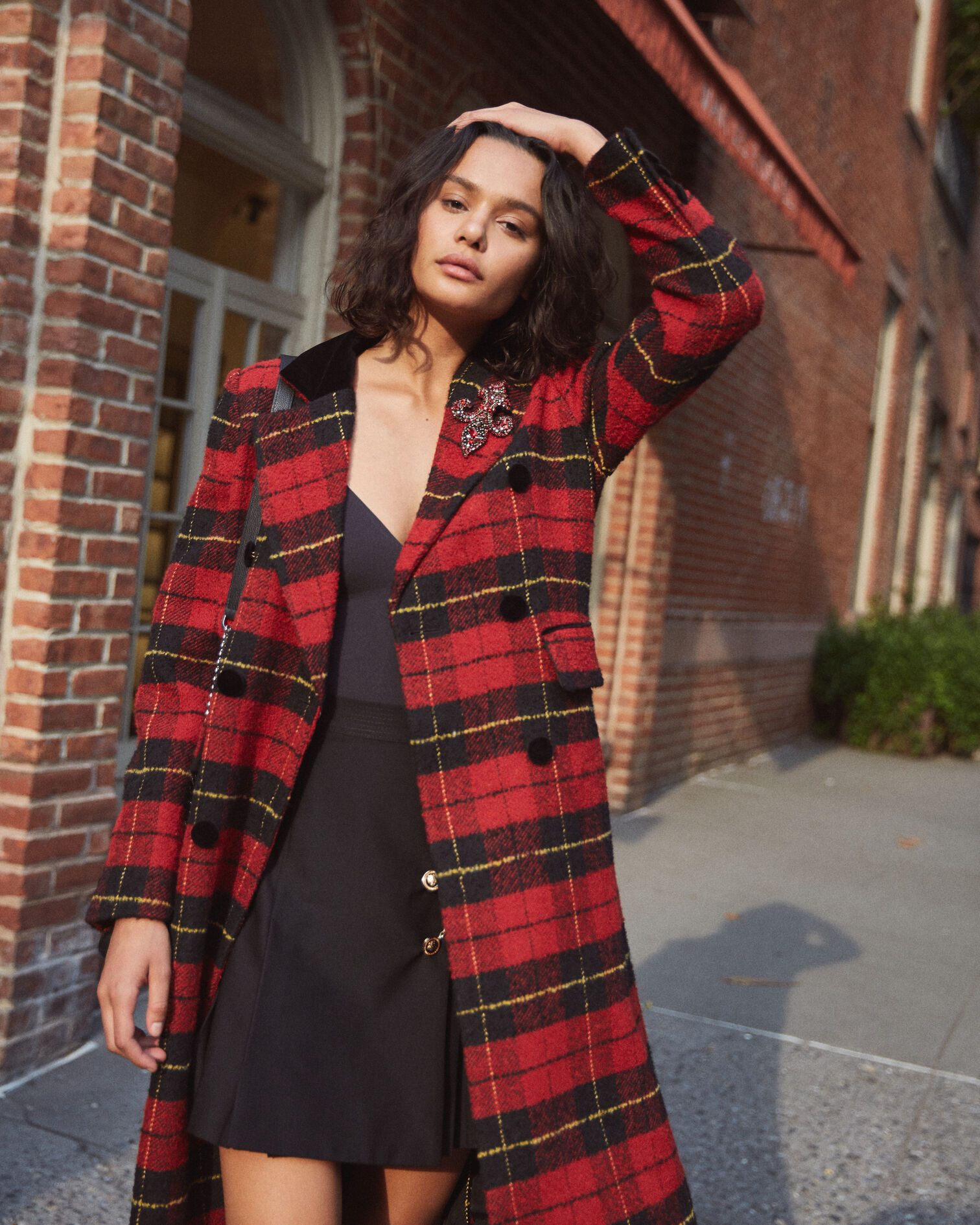 Red check wool coat, RED, hi-res image number null