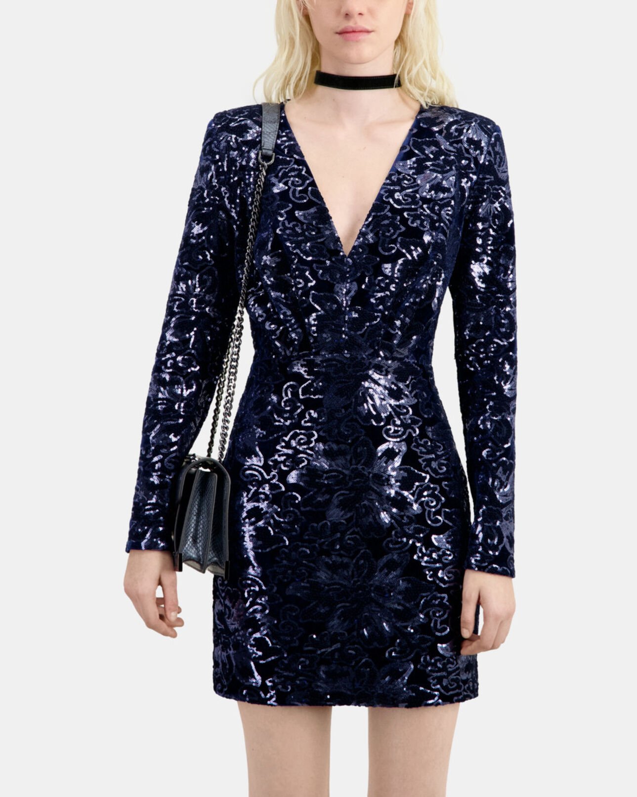 The Kooples WOMEN NAVY short navy blue velvet dress with sequins