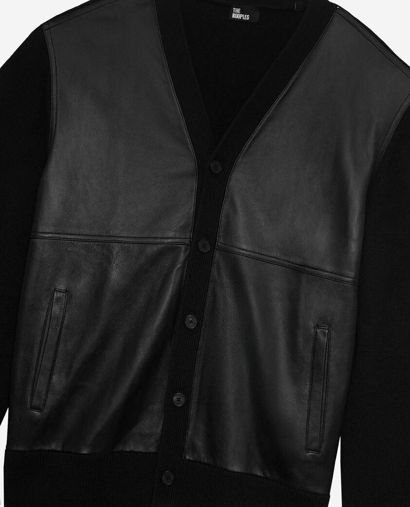 The Kooples H BLACK two-material button-down cardigan with black leather