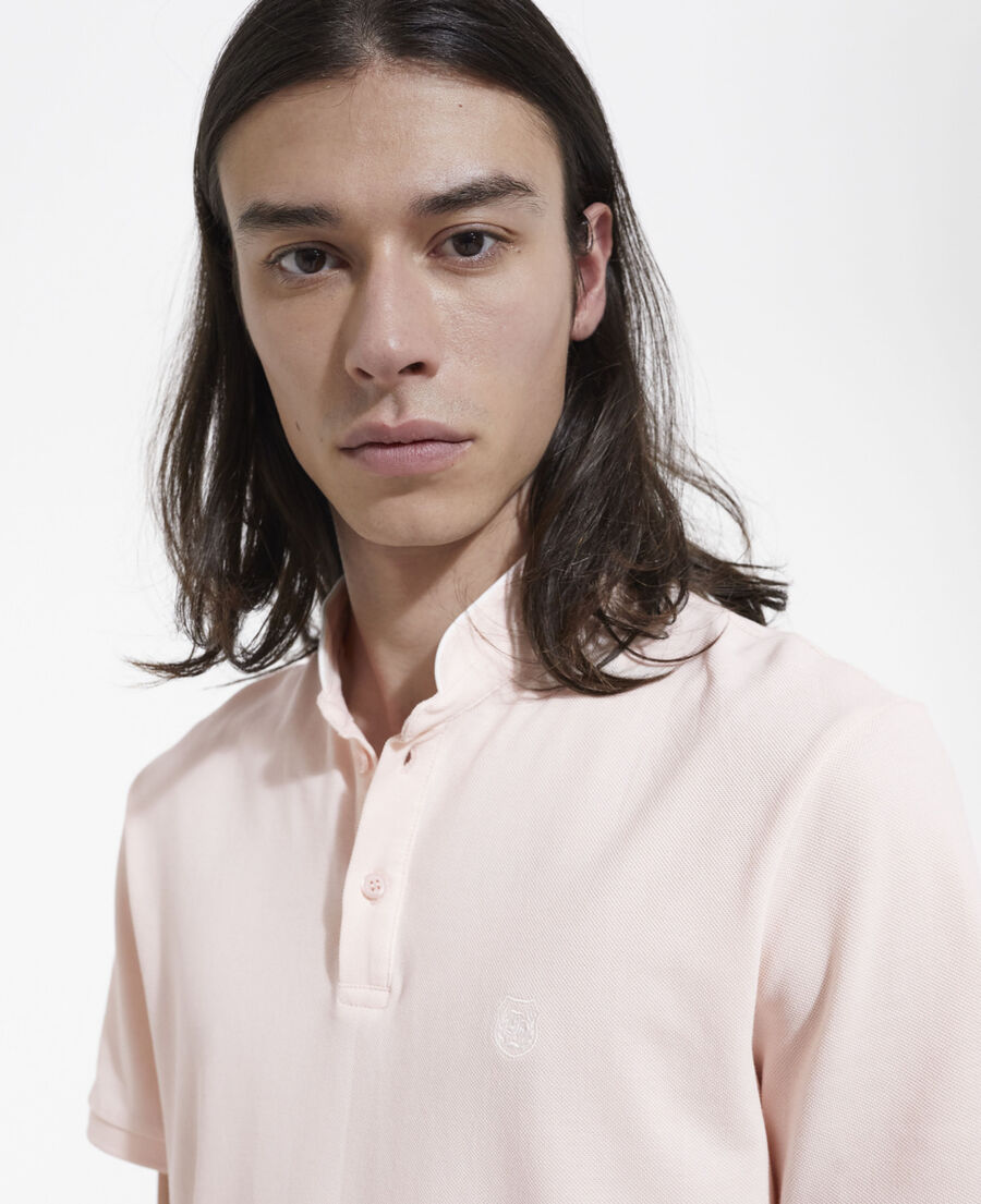 embroidered pink polo w/ buttoned officer collar