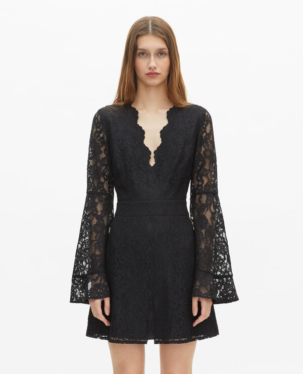 Robe courte à manches évasées en dentelle noire femme The Kooples