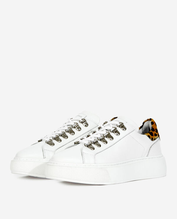 white smooth leather sneakers with leopard detail