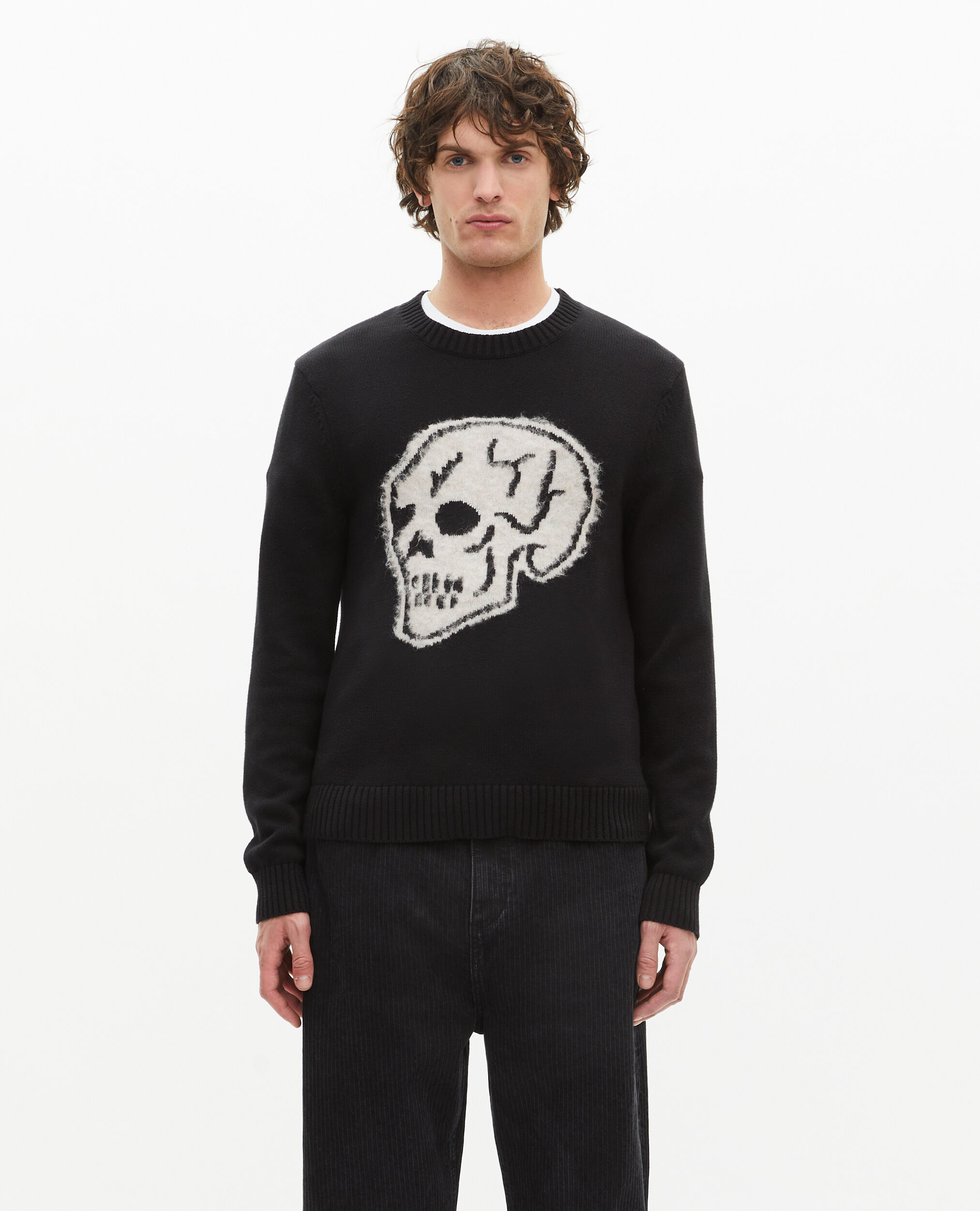 Black skull screen-printed sweater, BLACK-ECRU, hi-res image number null