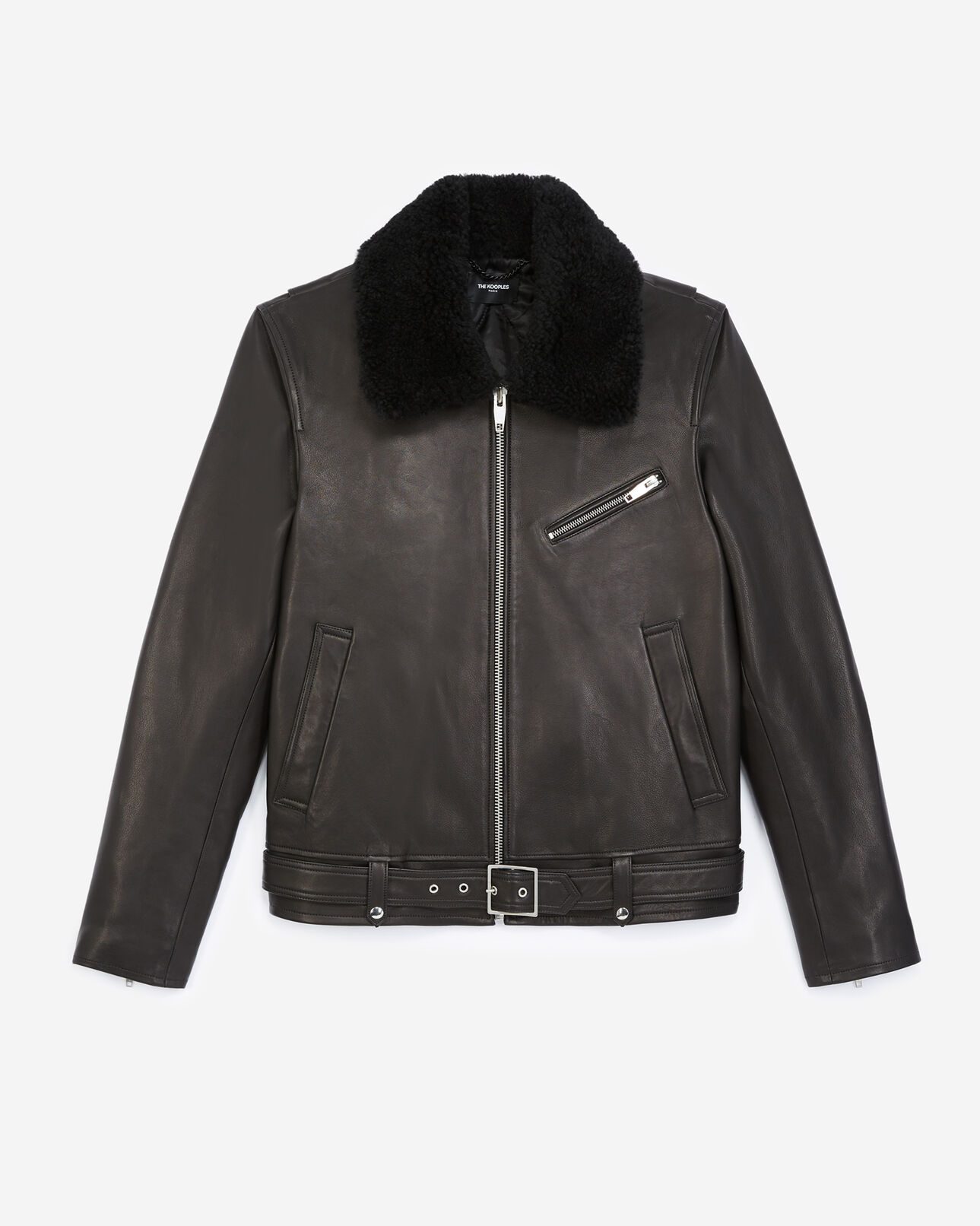 The Kooples HERREN BLACK schwarze lederjacke mit lammfellkragen