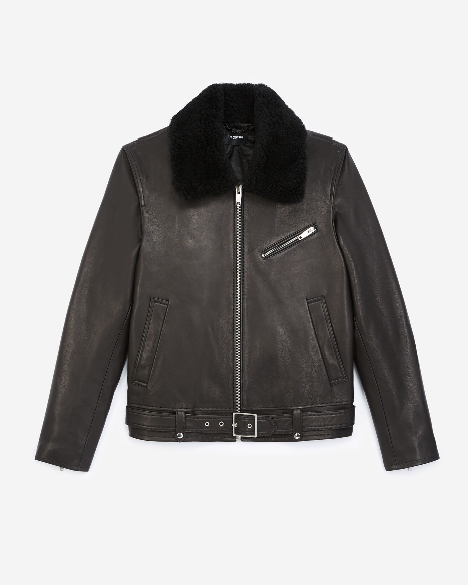 Black leather jacket with sheepskin collar, BLACK, hi-res image number null