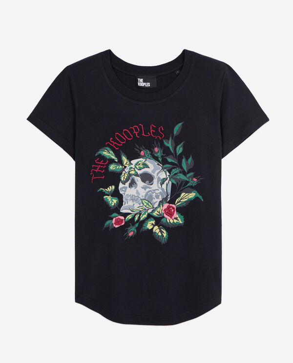 women's black t-shirt with skull - roses serigraphy