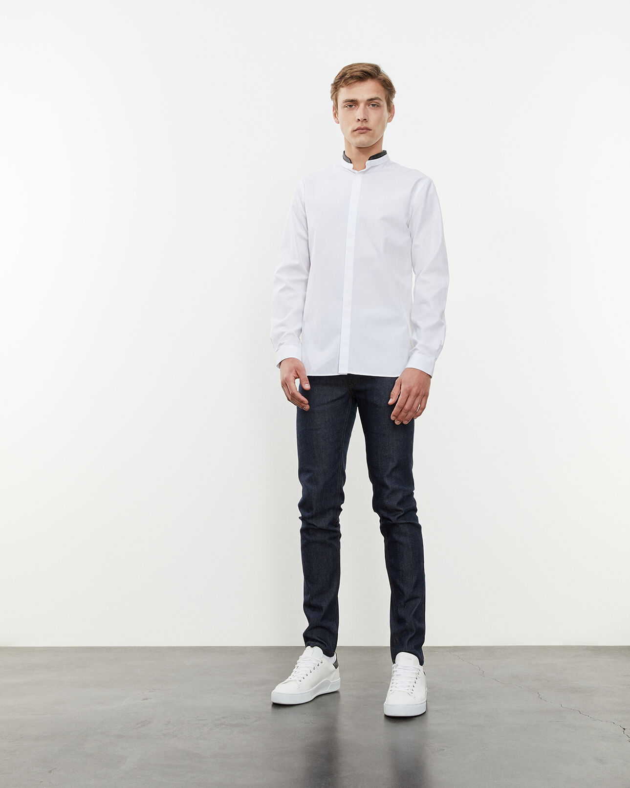 The Kooples MEN WHITE shirt with leather officer collar, removable