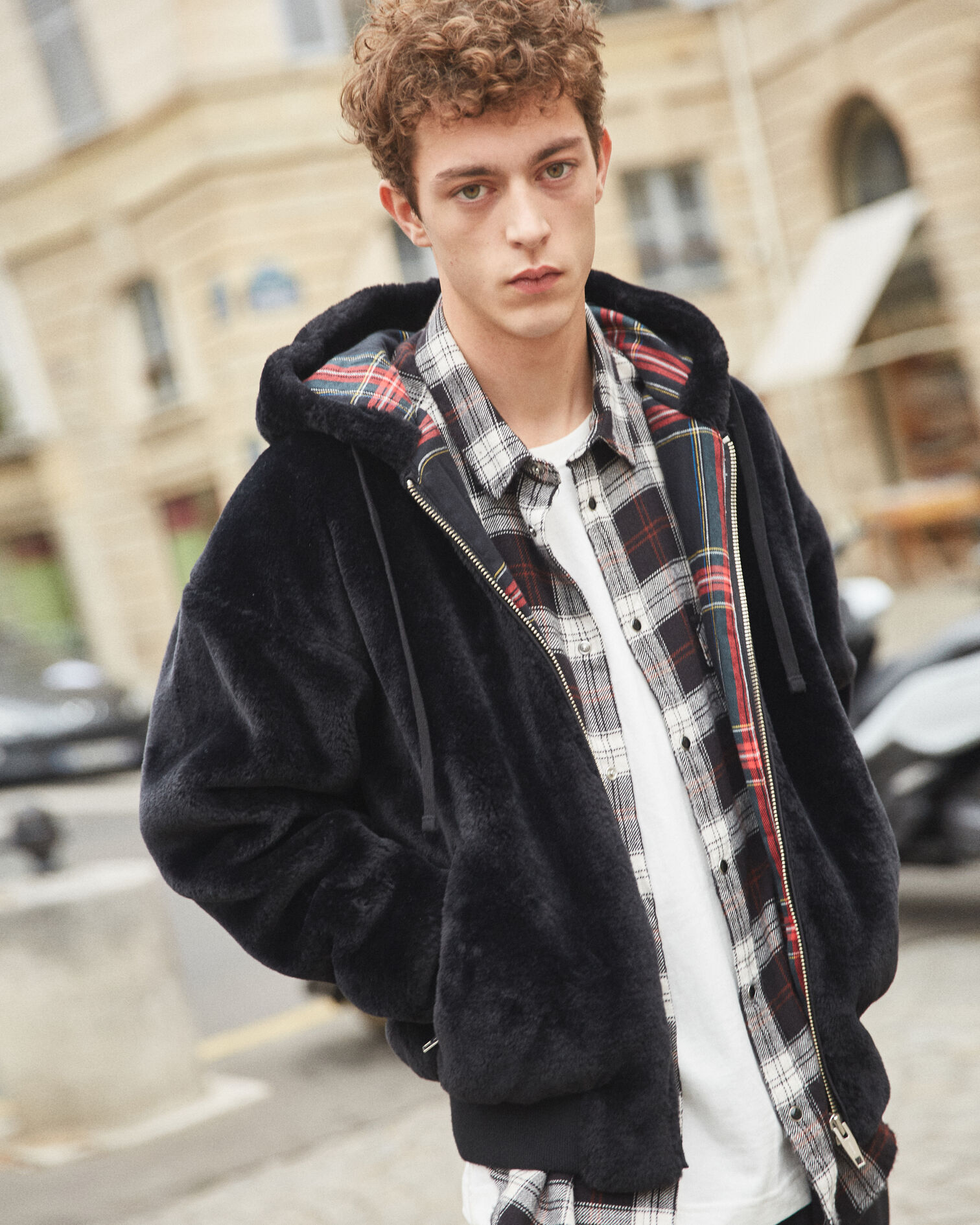 Black faux fur hoodie, BLACK, hi-res image number null