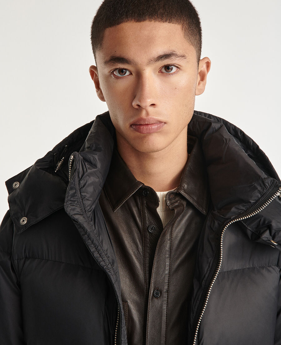Hooded black down jacket with rubber monogram