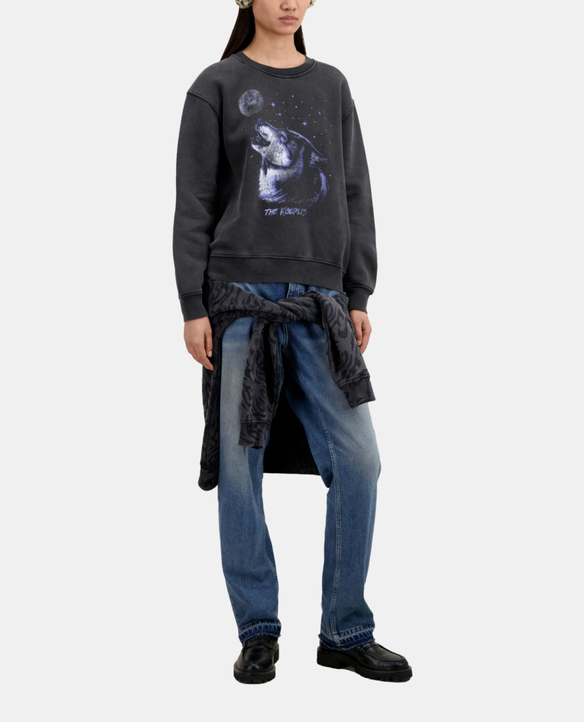 Sweatshirt Femme noir avec sérigraphie Wolf, BLACK WASHED, hi-res image number null