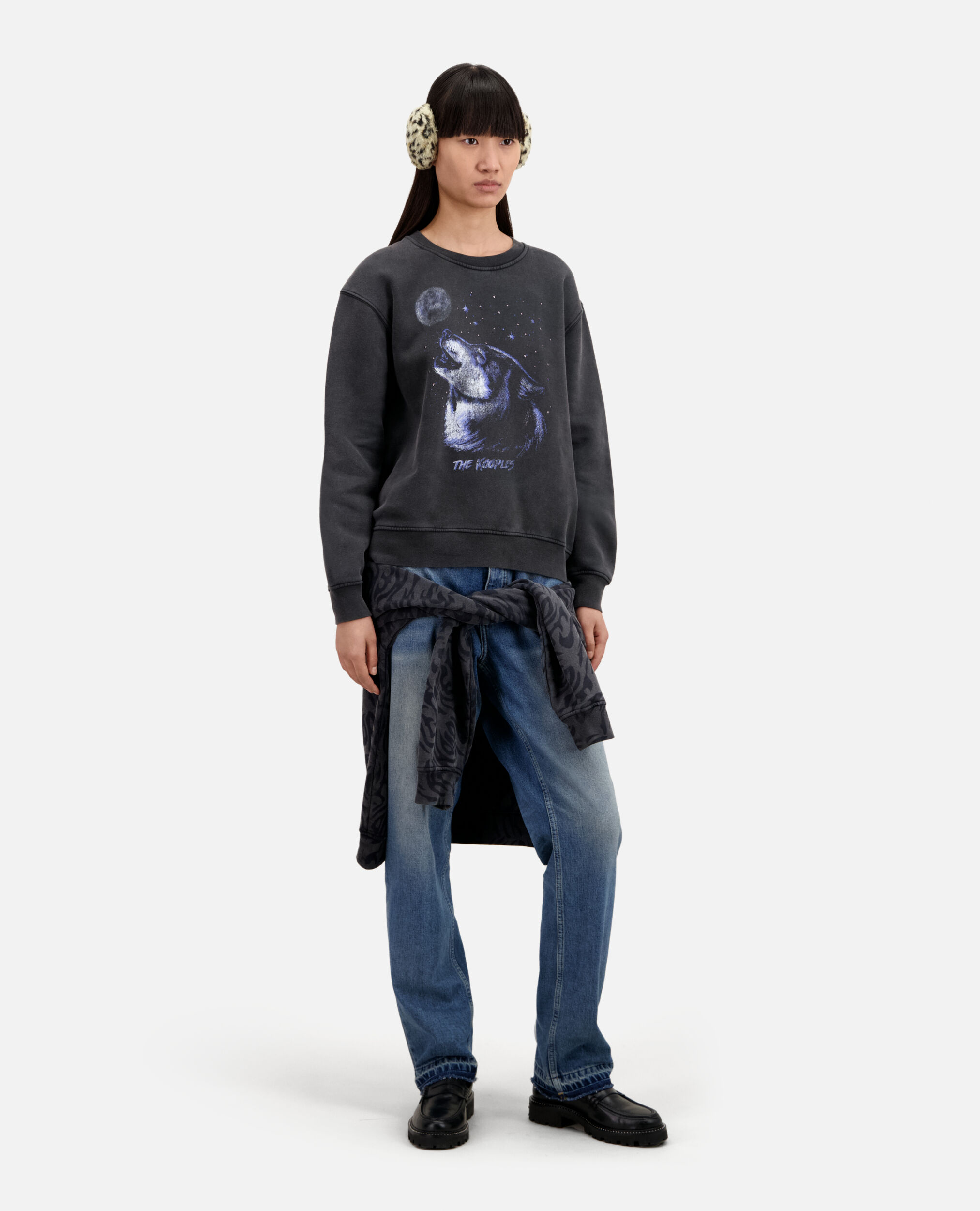 Sweatshirt Femme noir avec sérigraphie Wolf, BLACK WASHED, hi-res image number null