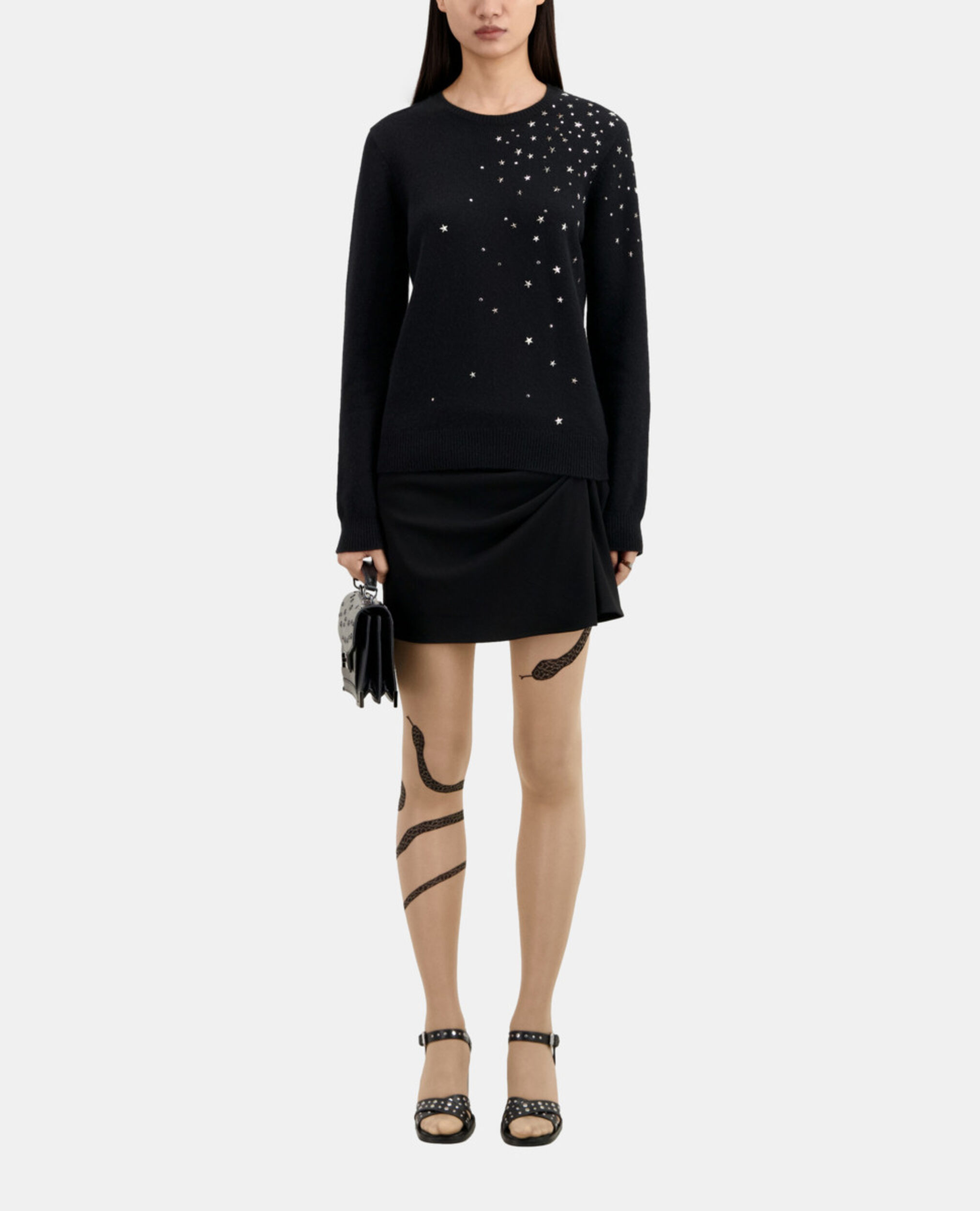 Pull noir en mélange de cachemire avec étoiles, BLACK, hi-res image number null