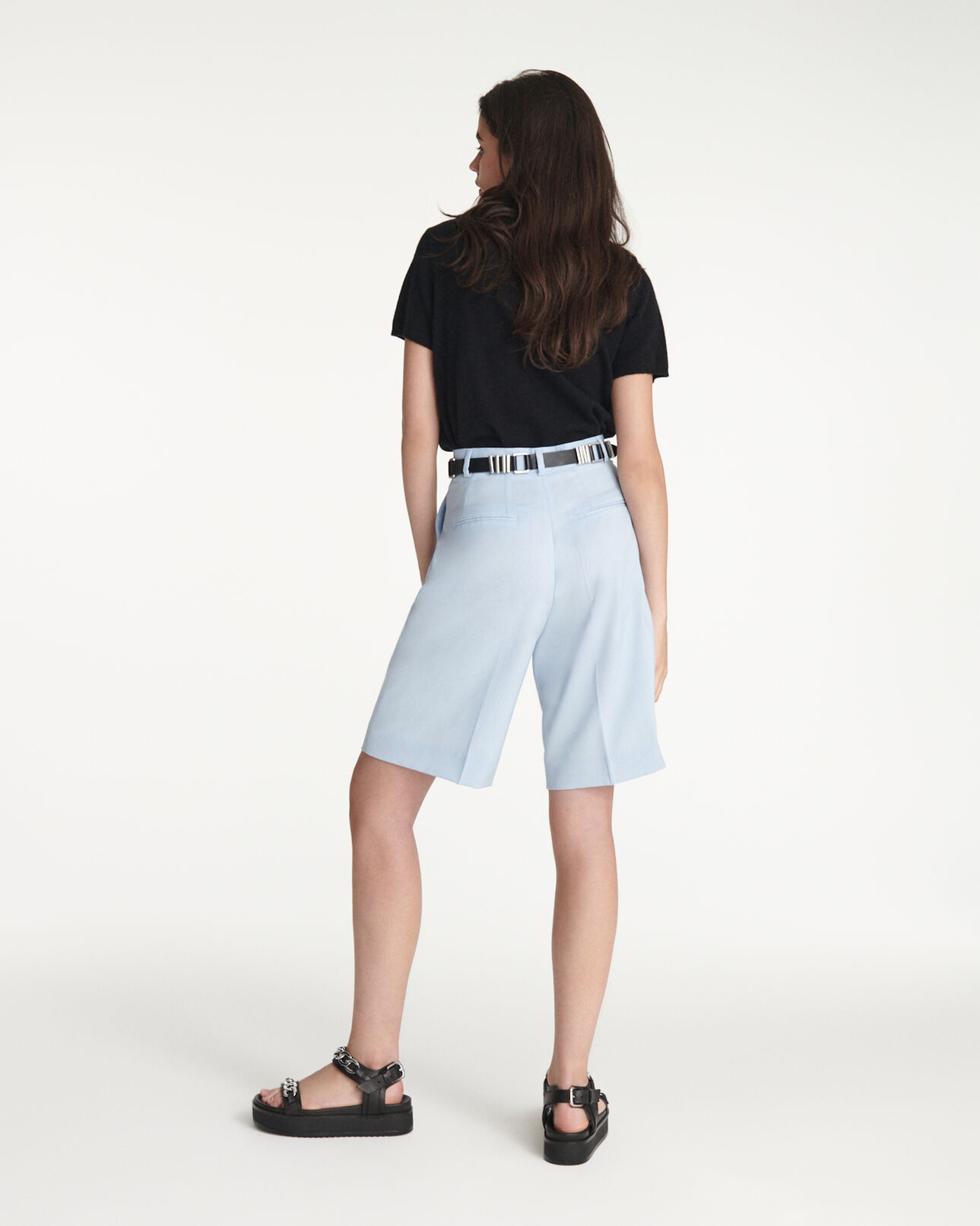 The Kooples WOMEN BLUE sky blue wool bermuda shorts with creases