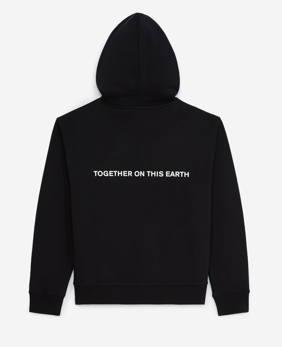 black hooded sweatshirt with planet logo