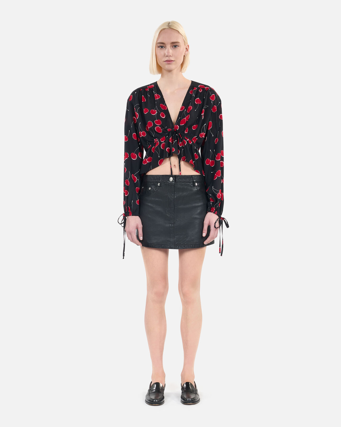 The Kooples FEMME BLACK - RED top court à imprimé cerise avec volants