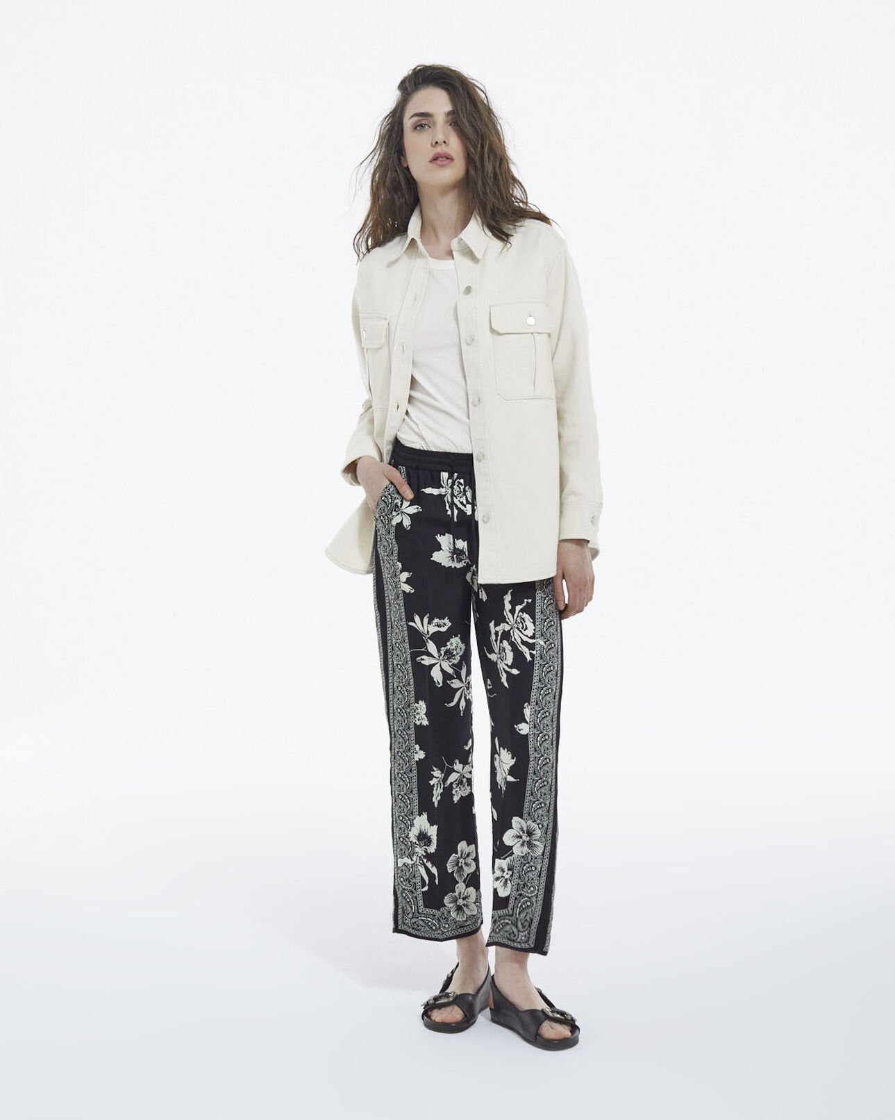 The Kooples WOMEN BLACK WHITE flowing black - white pants with scarf motif