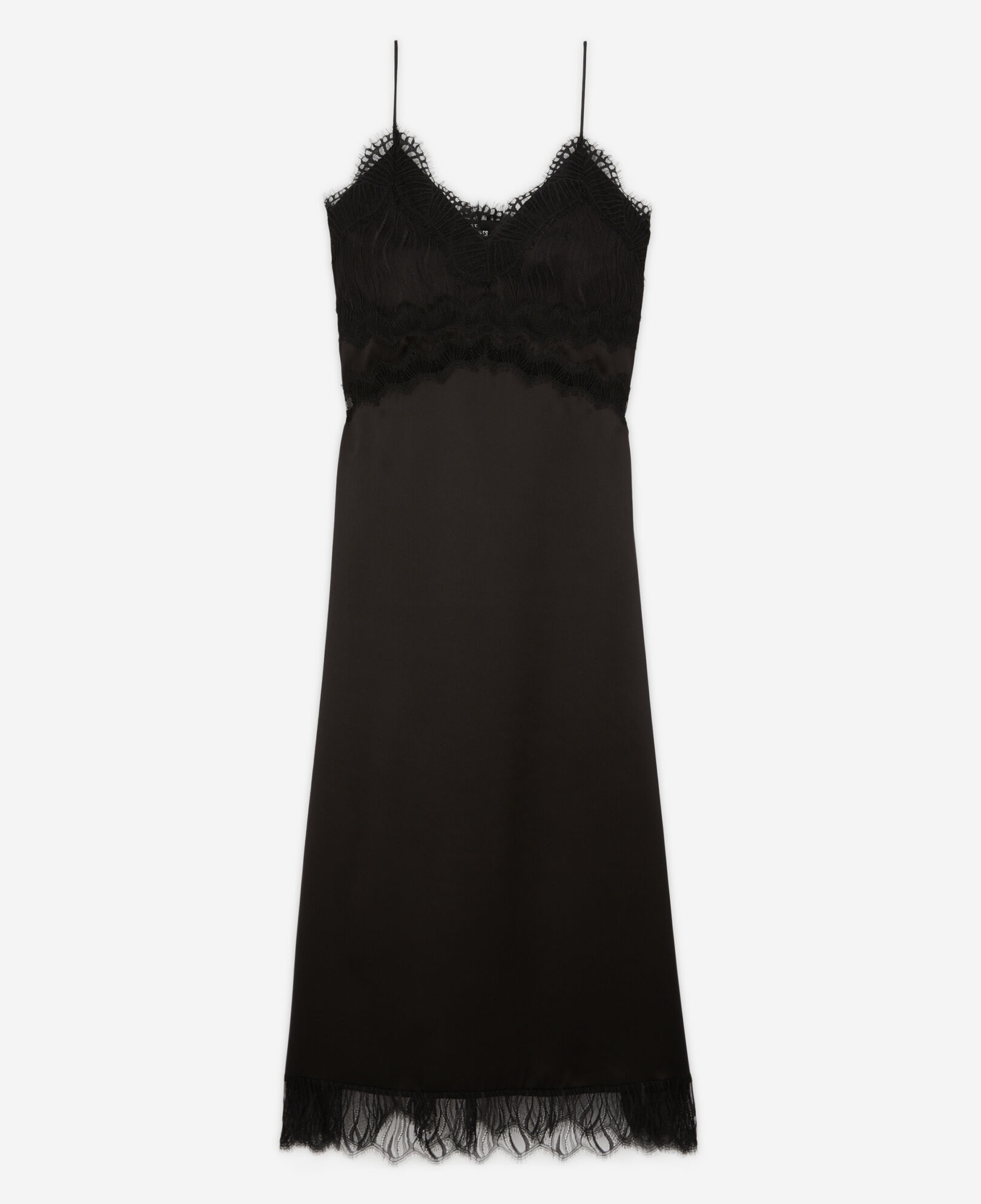 The Kooples MUJER BLACK vestido lencero largo seda negro encaje