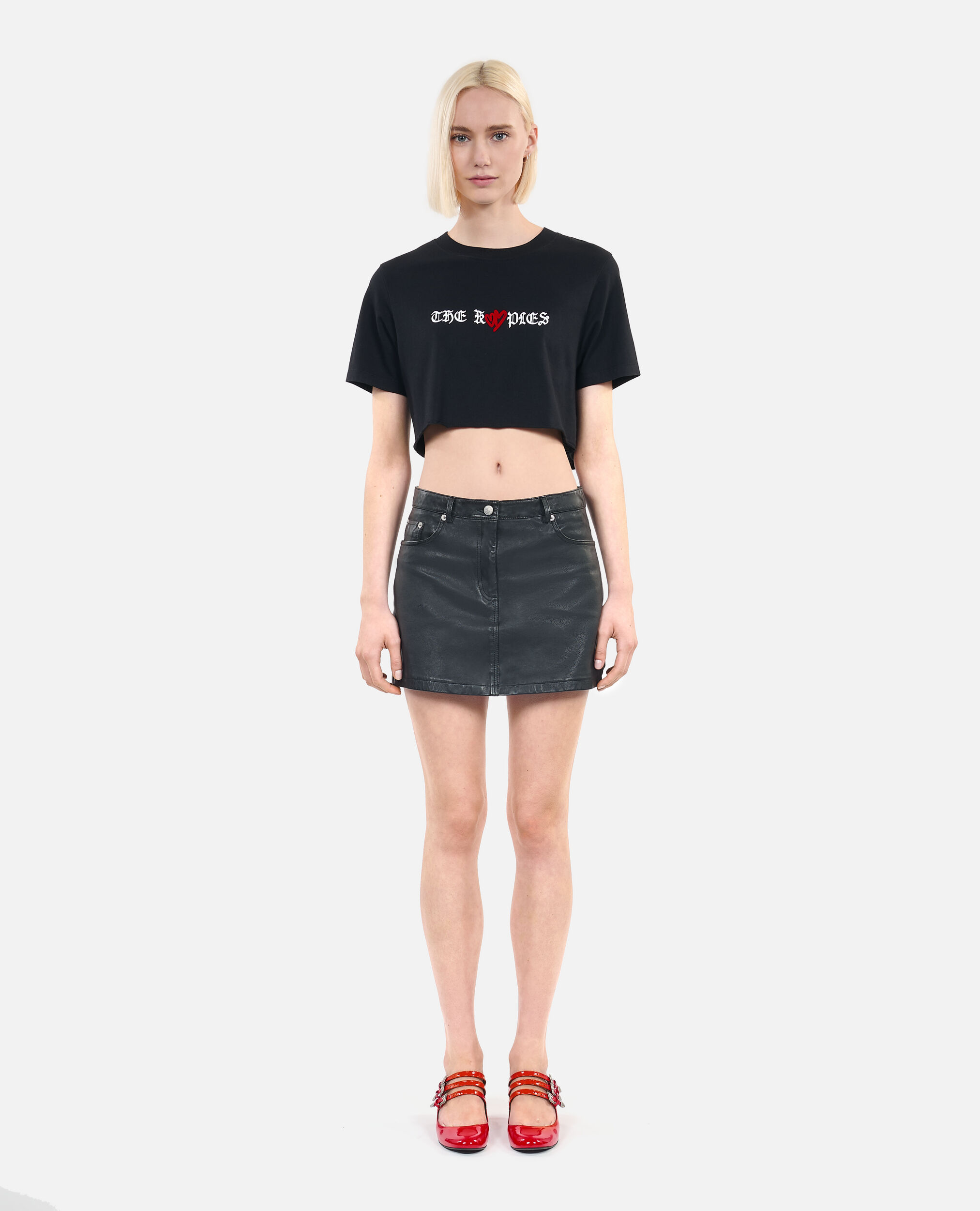 Schwarzes T-Shirt mit Twin hearts-Siebdruck, BLACK, hi-res image number null