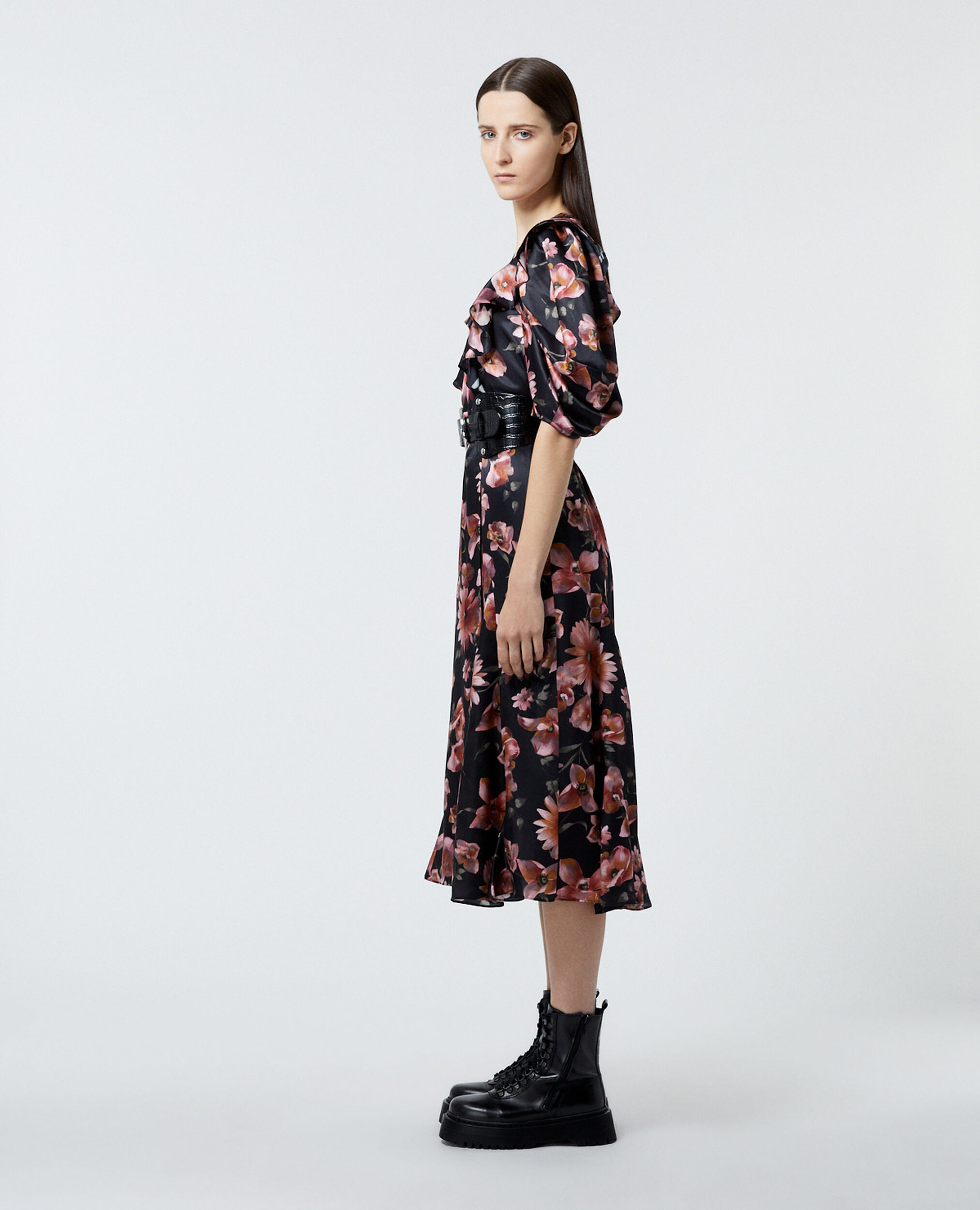 Schwarzes bedrucktes Wickelkleid, BLACK, hi-res image number null