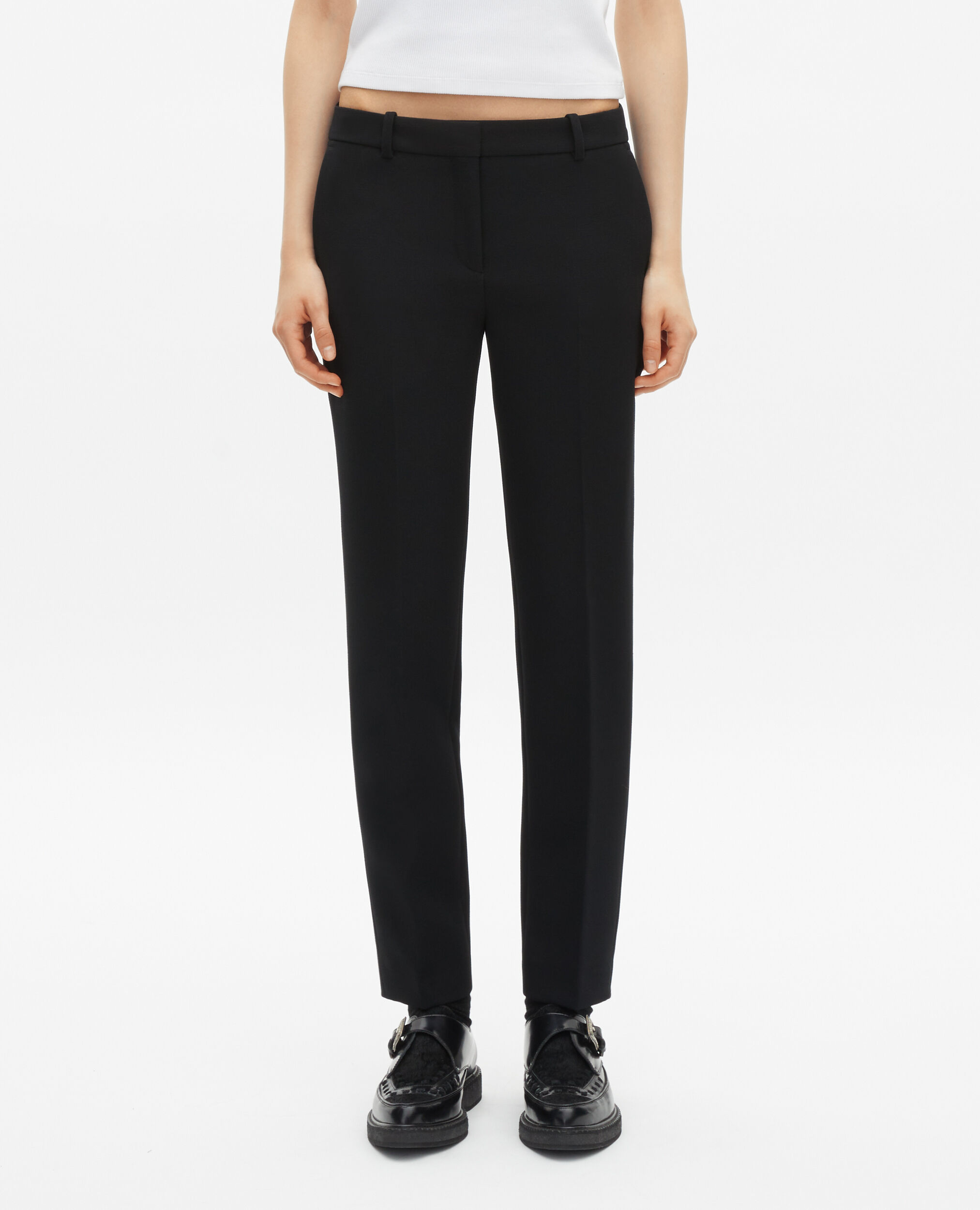 Black crepe tailored pants, straight cut, BLACK, hi-res image number null