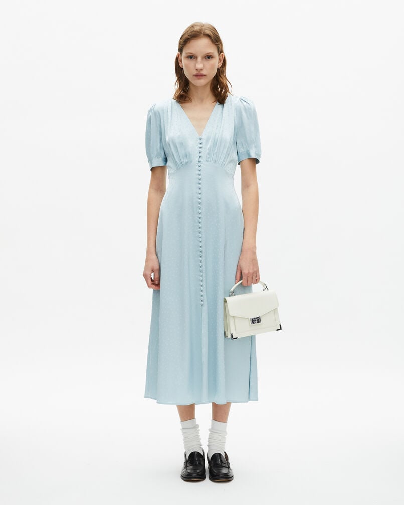 The Kooples FEMME BABY BLUE robe longue à pois en jacquard bleue