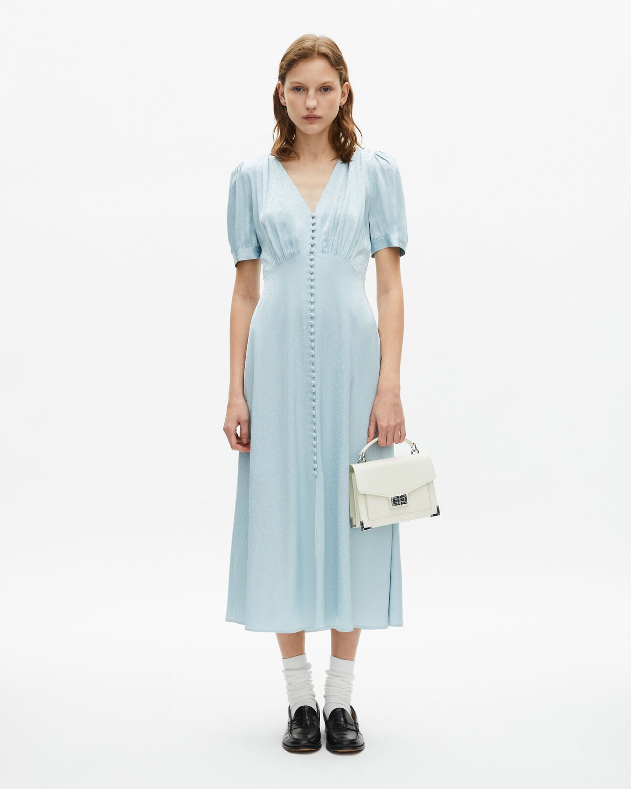The Kooples DAMEN BABY BLUE blaues jacquard-maxikleid mit polka dots