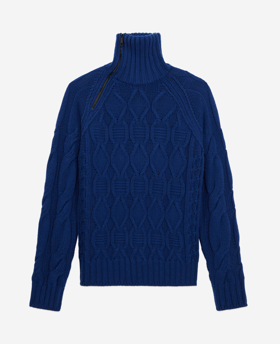 The Kooples MEN ROYAL BLUE - DARK NAVY blue cable wool sweater with zipper
