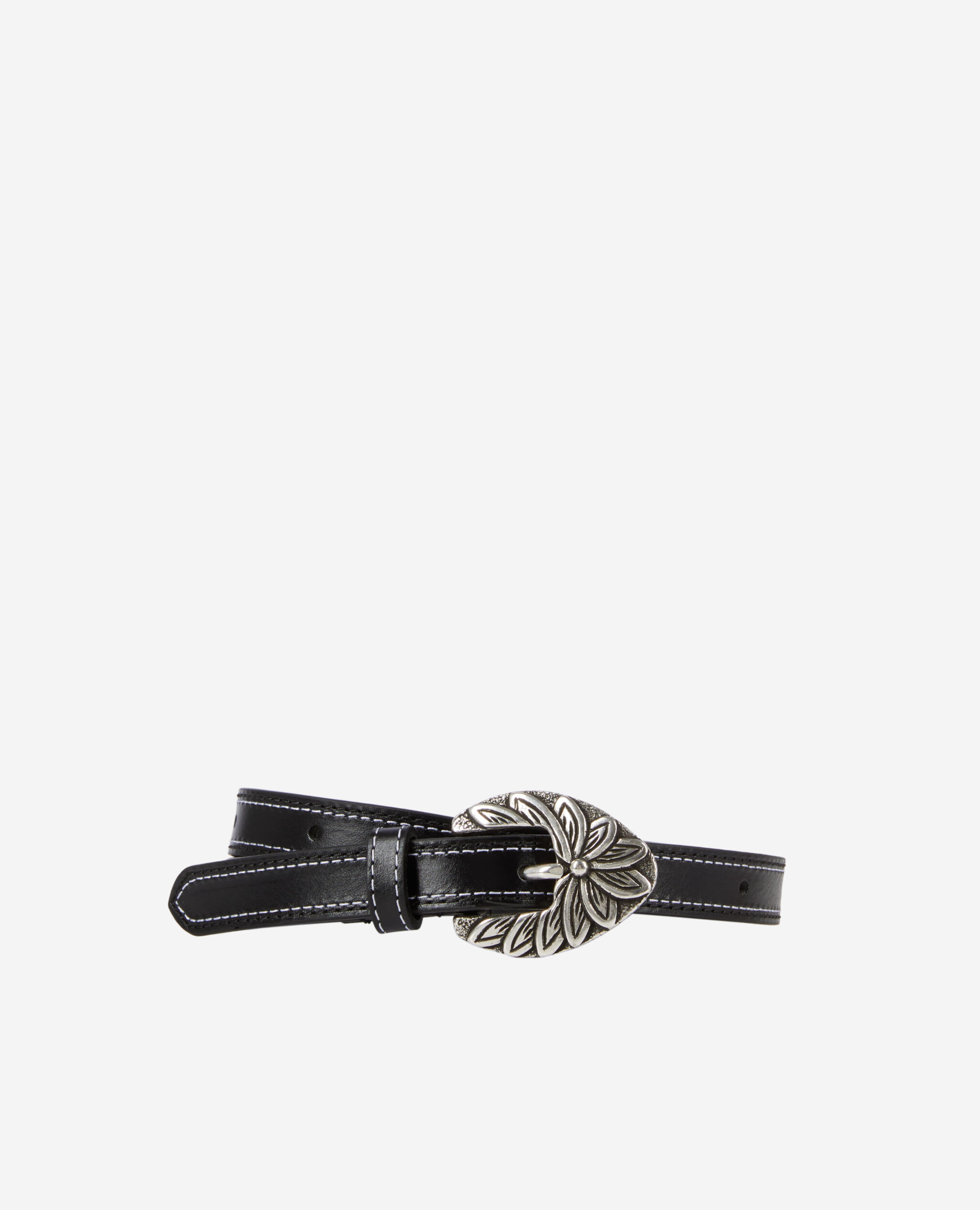 Thin black leather belt with flower engraved buckle, BLACK, hi-res image number null