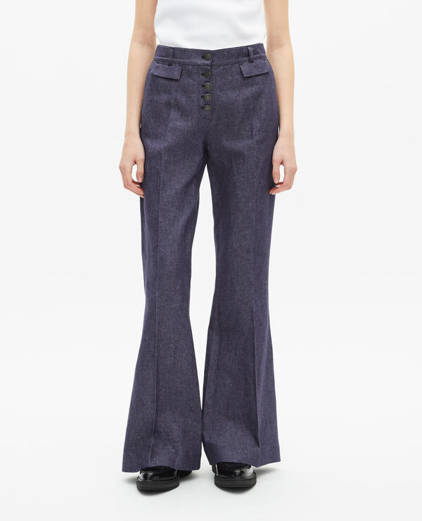 The Kooples FEMME BLUE pantalon flare en coton et lin bleu