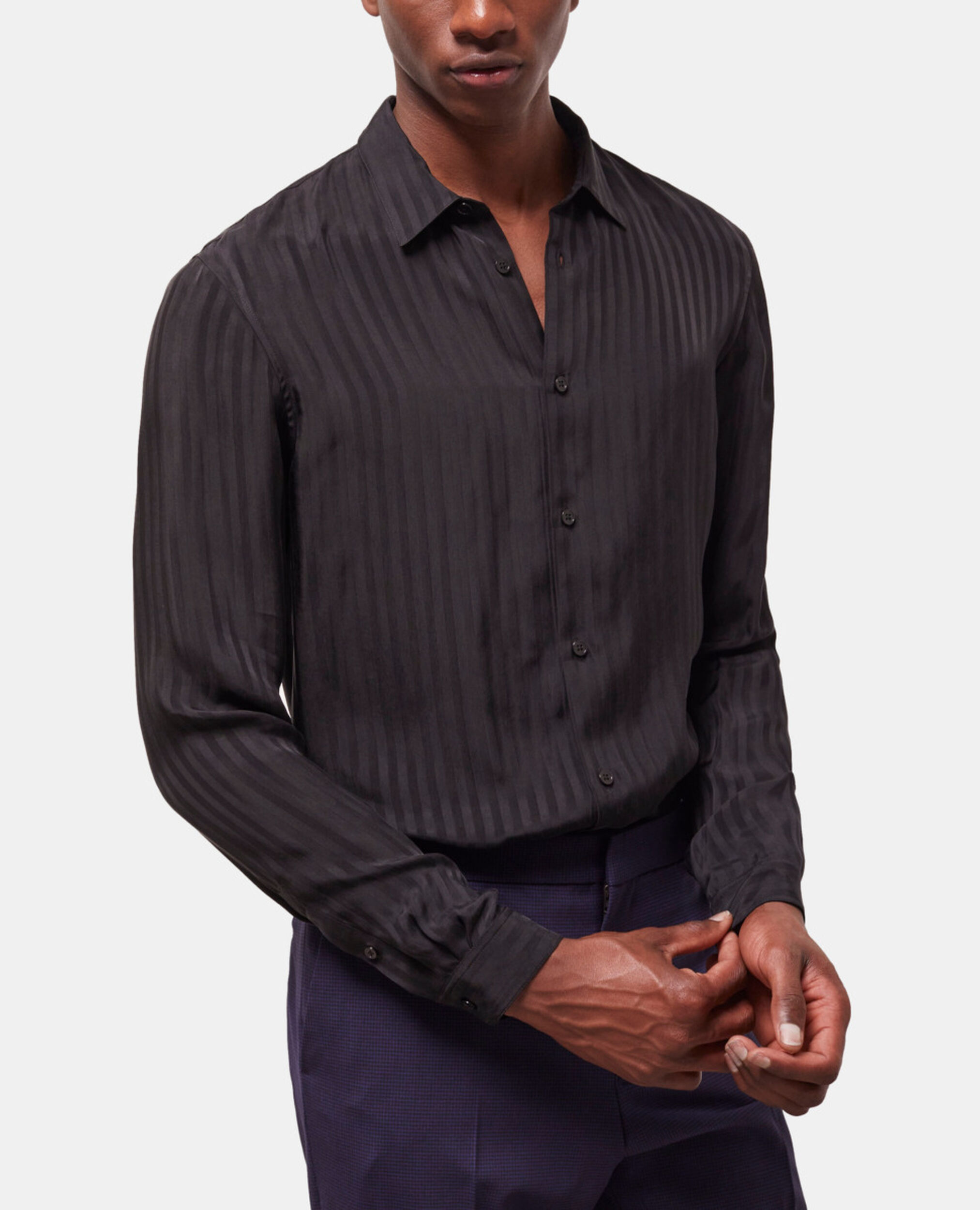 Camisa rayas negra con cuello clásico, BLACK, hi-res image number null