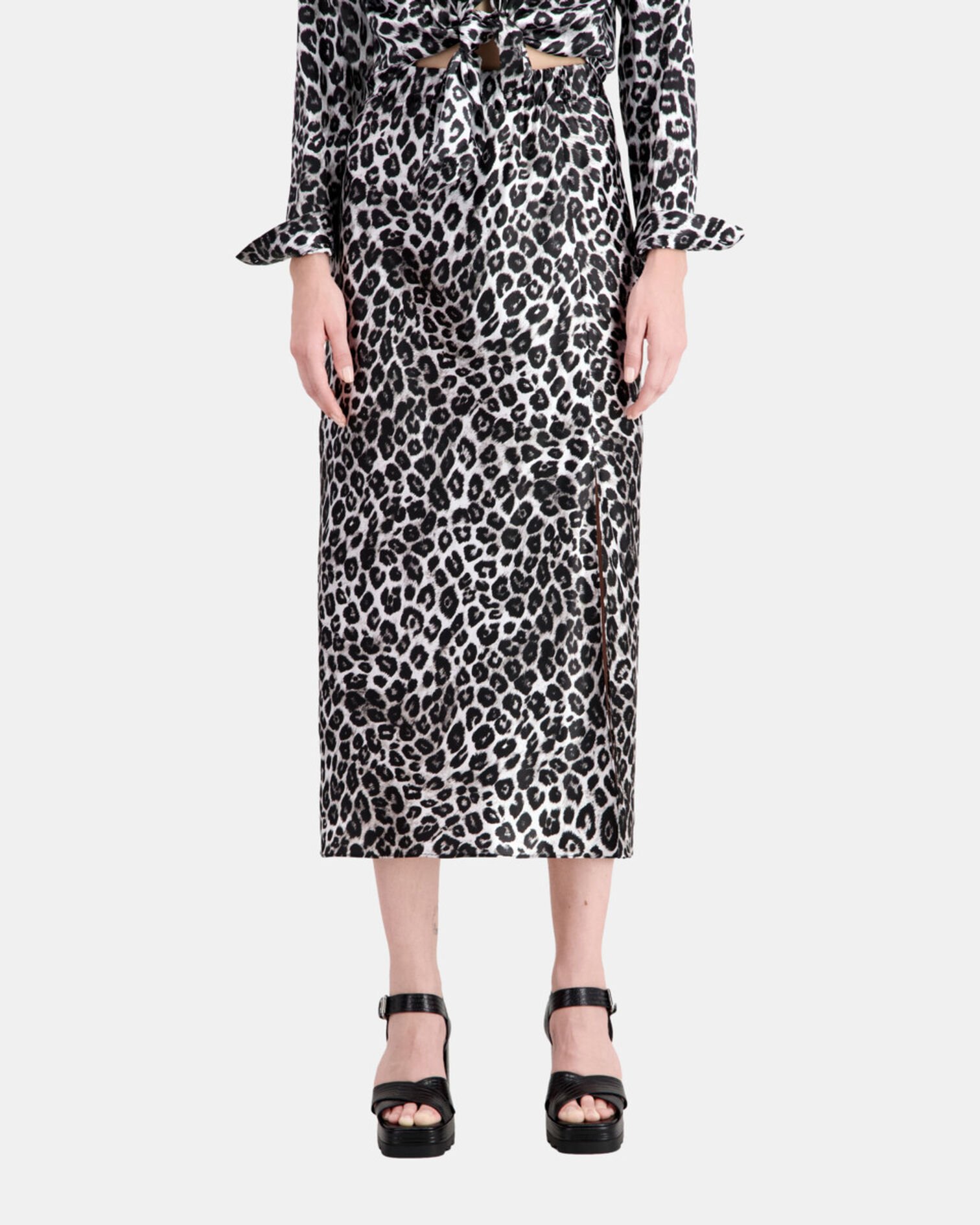 Long printed silk skirt, BLACK WHITE LEOPARD, hi-res image number null