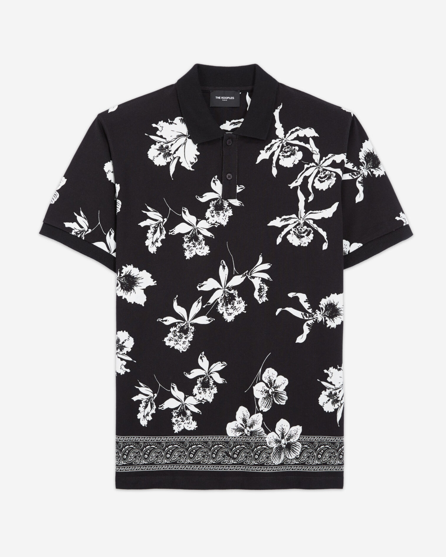 Casual black and white polo with floral print, BLACK-ECRU, hi-res image number null
