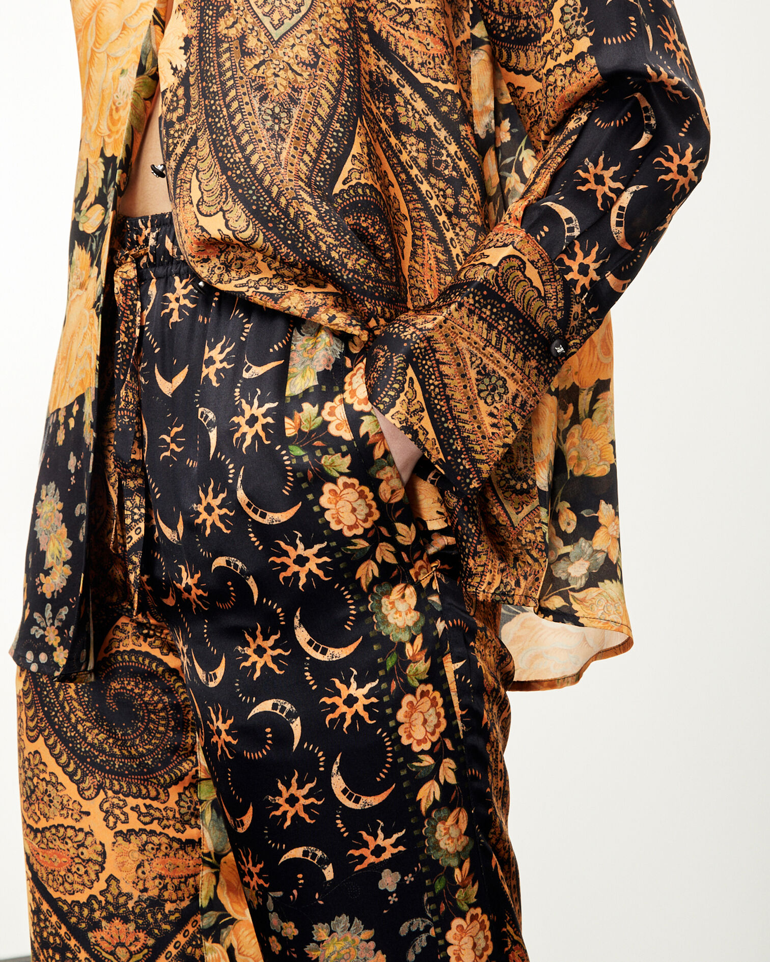 Flowing black and orange printed pants, BLACK-ORANGE, hi-res image number null