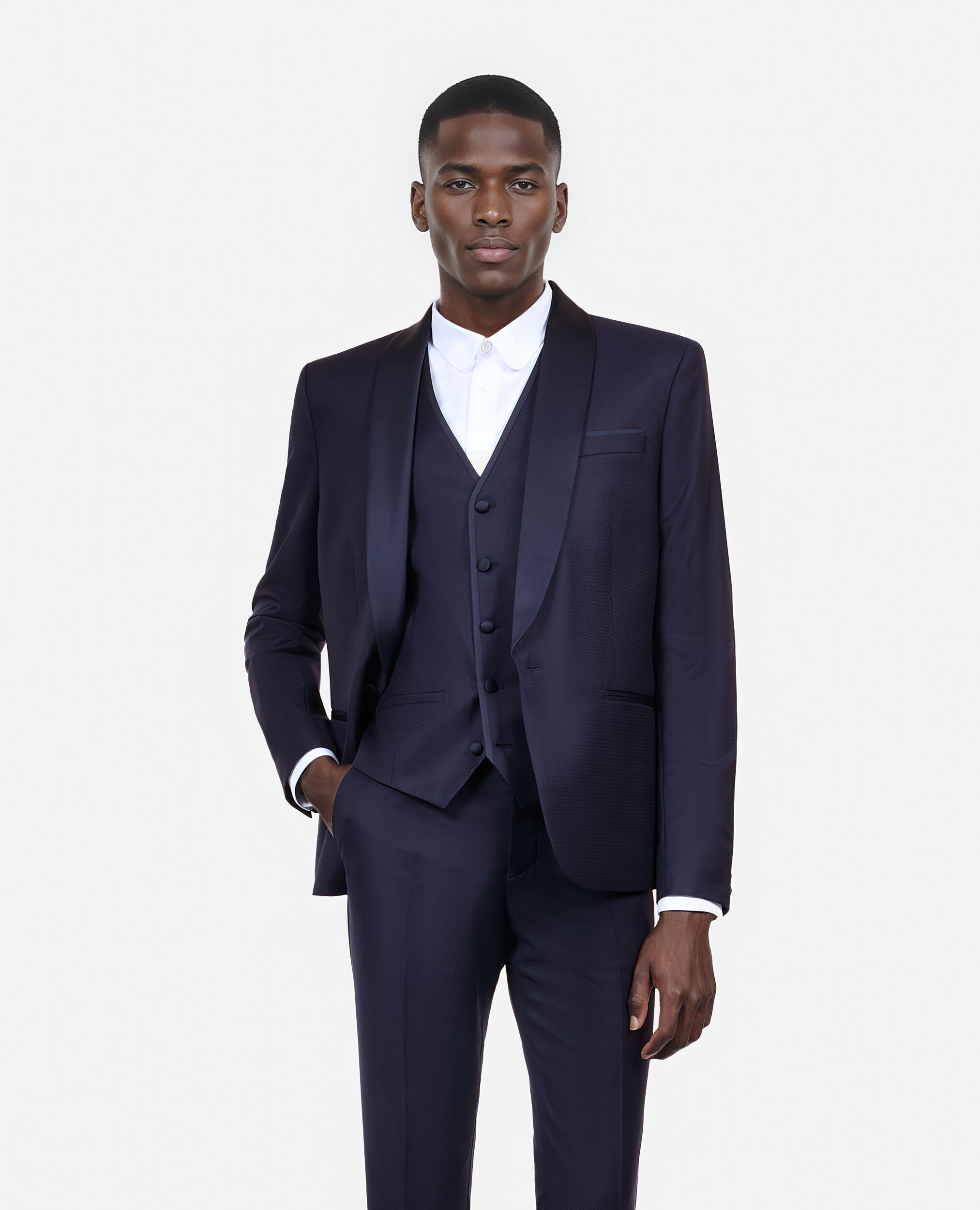 Navy blue wool tuxedo fitted jacket, NAVY, hi-res image number null