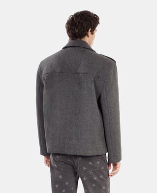 The Kooples H BLACK GREY black herringbone wool blend pea coat
