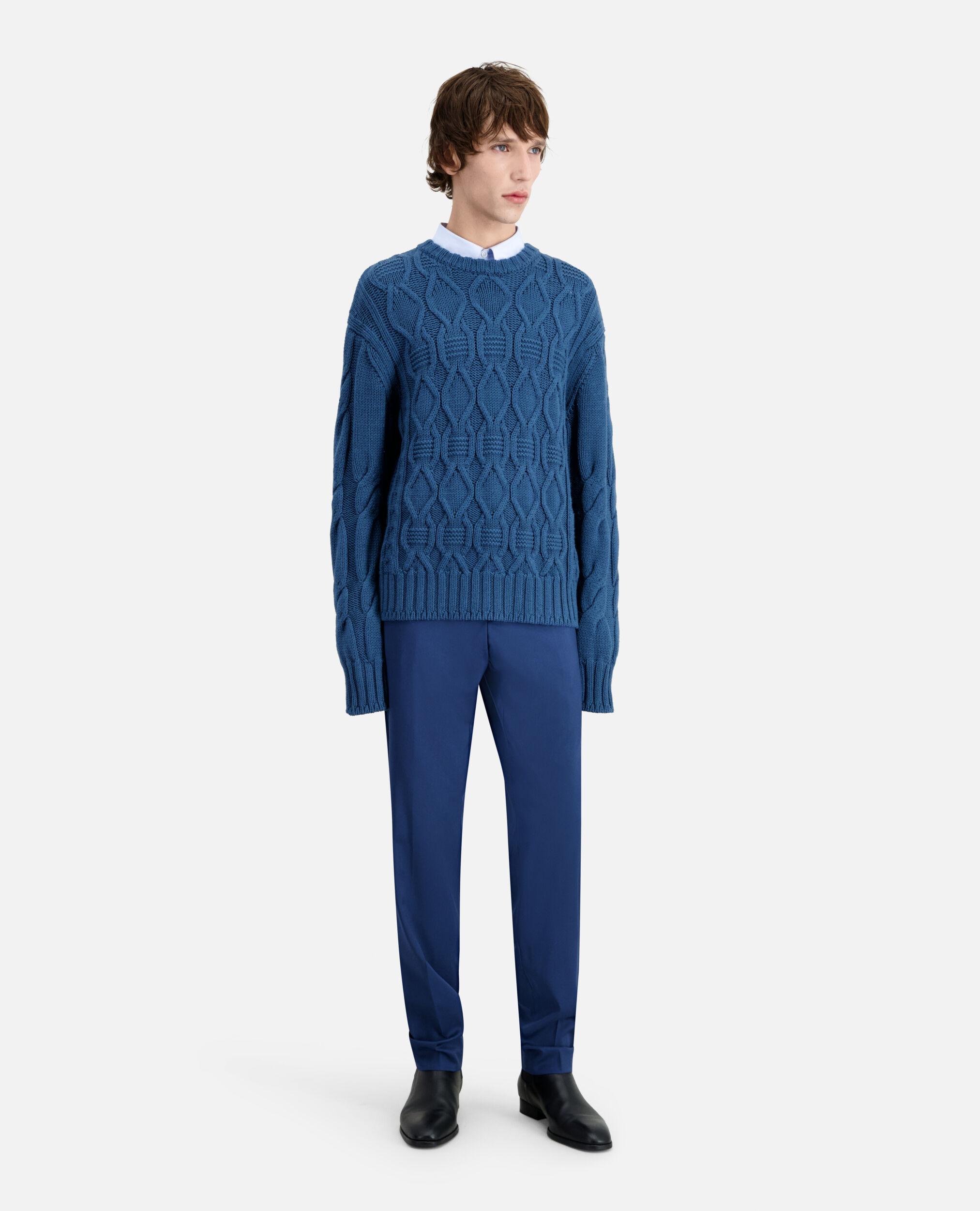 Blauer Pullover aus Wolle mit Zopfmuster, BLUE PETROL, hi-res image number null