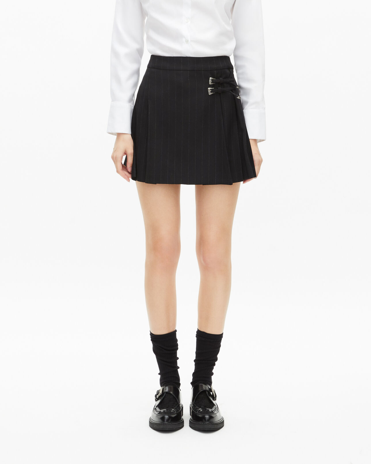 The Kooples FEMME BLACK jupe courte plissée à rayures noire