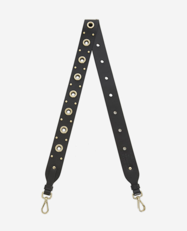 black leather handle with gold eyelets
